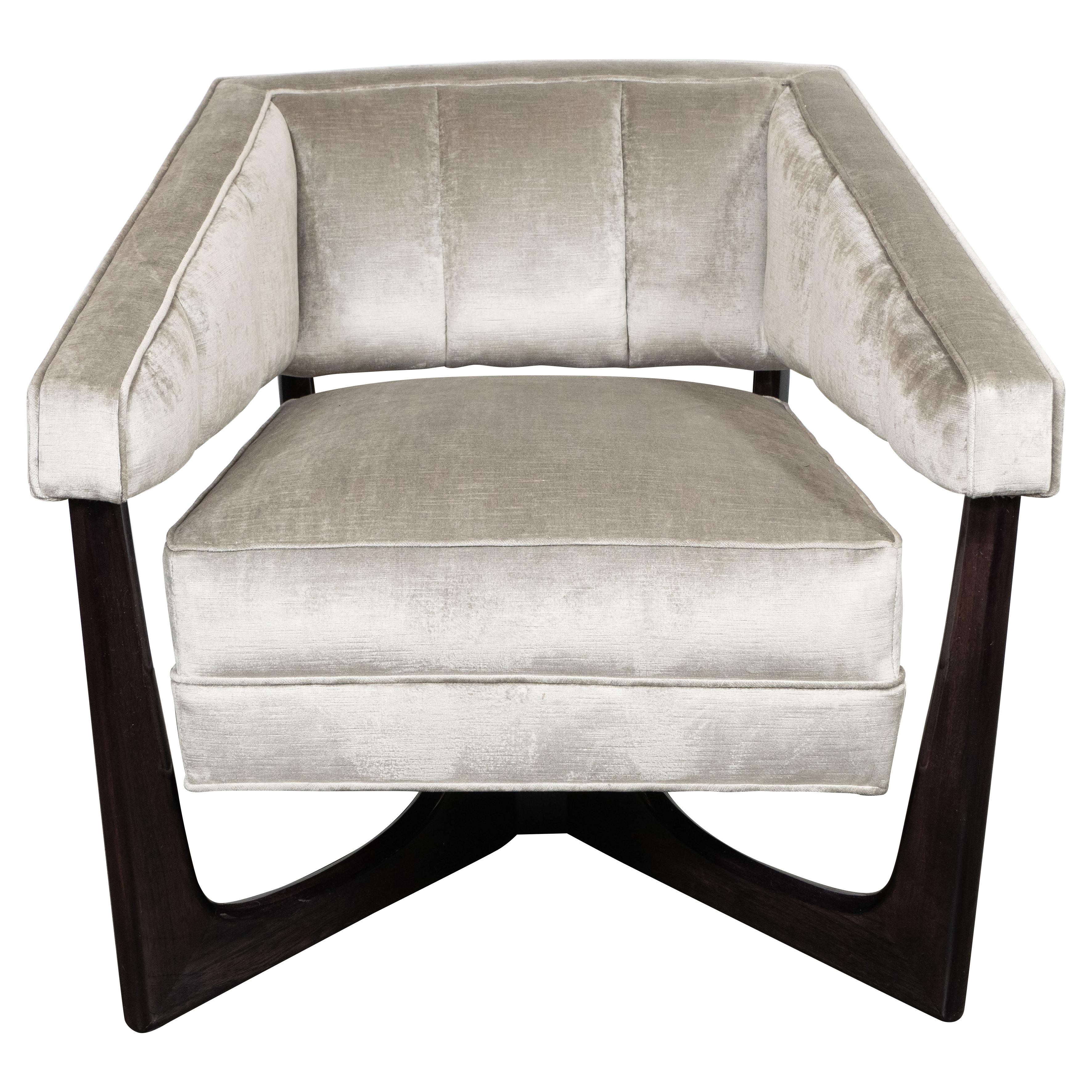 Mid-Century Modern Ebonized Walnut and Platinum Velvet Armchair