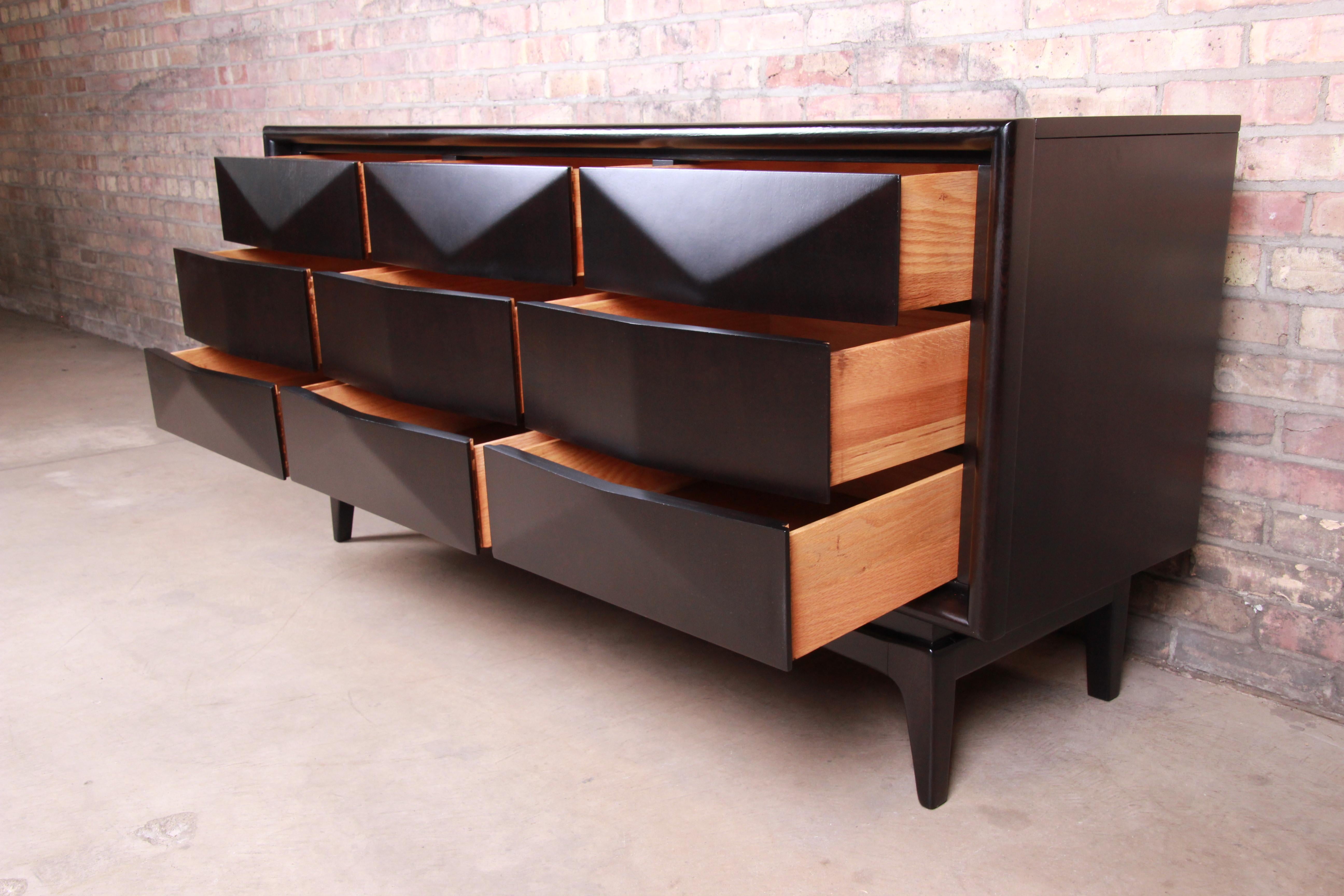 Mid-Century Modern Ebonized Walnut Sculpted Diamond Front Dresser or Credenza 5