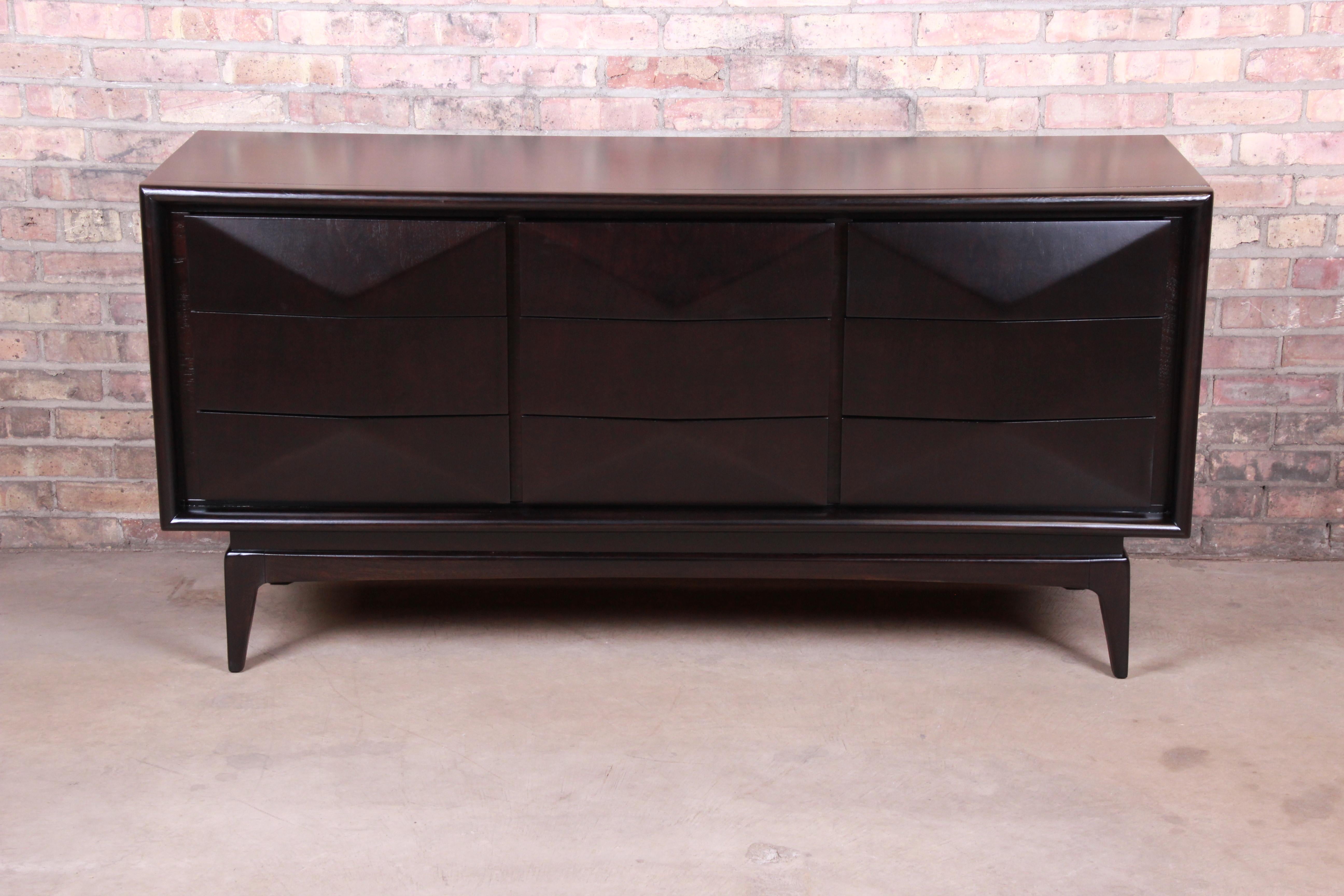 American Mid-Century Modern Ebonized Walnut Sculpted Diamond Front Dresser or Credenza