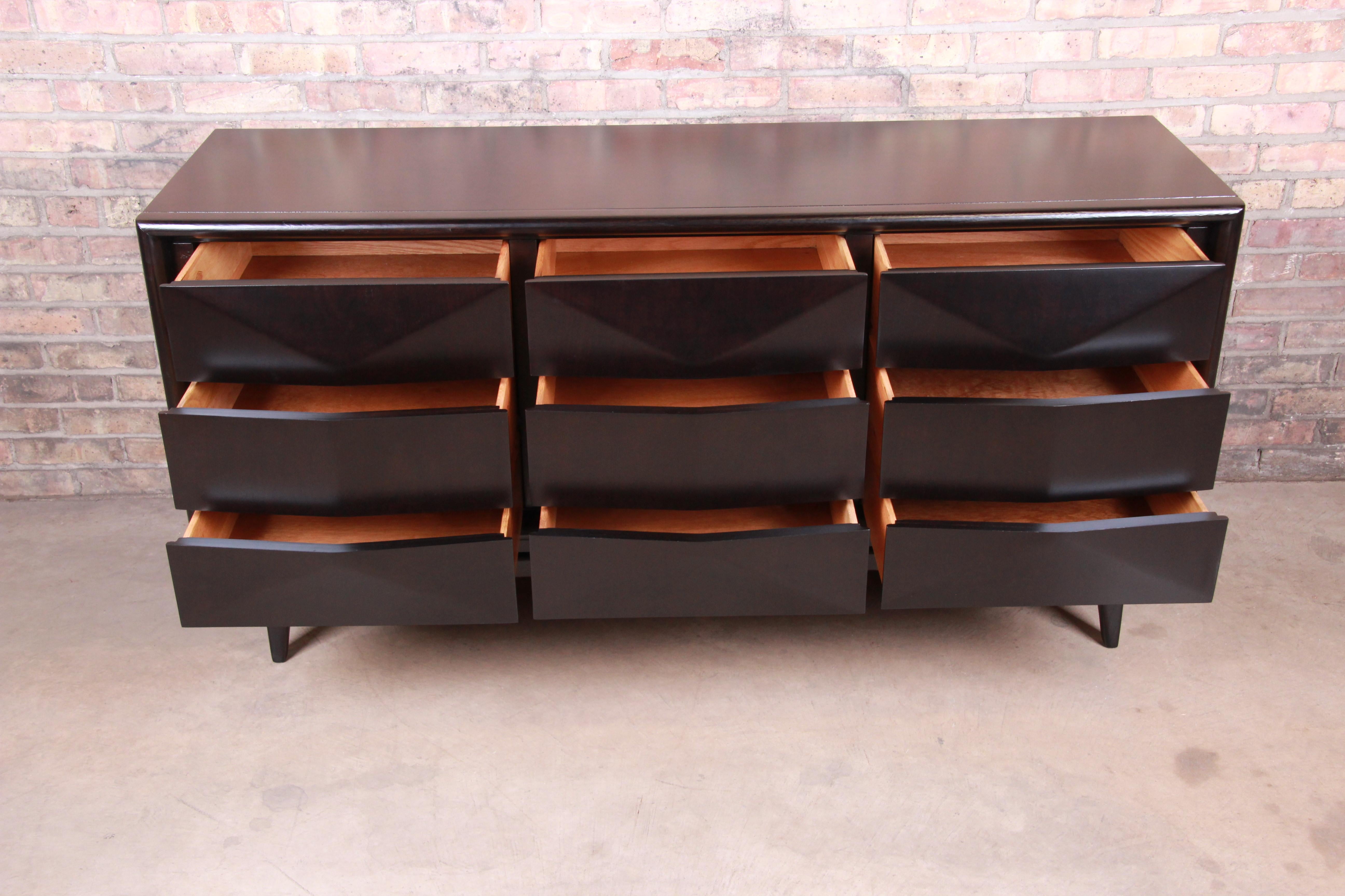 Mid-Century Modern Ebonized Walnut Sculpted Diamond Front Dresser or Credenza 3