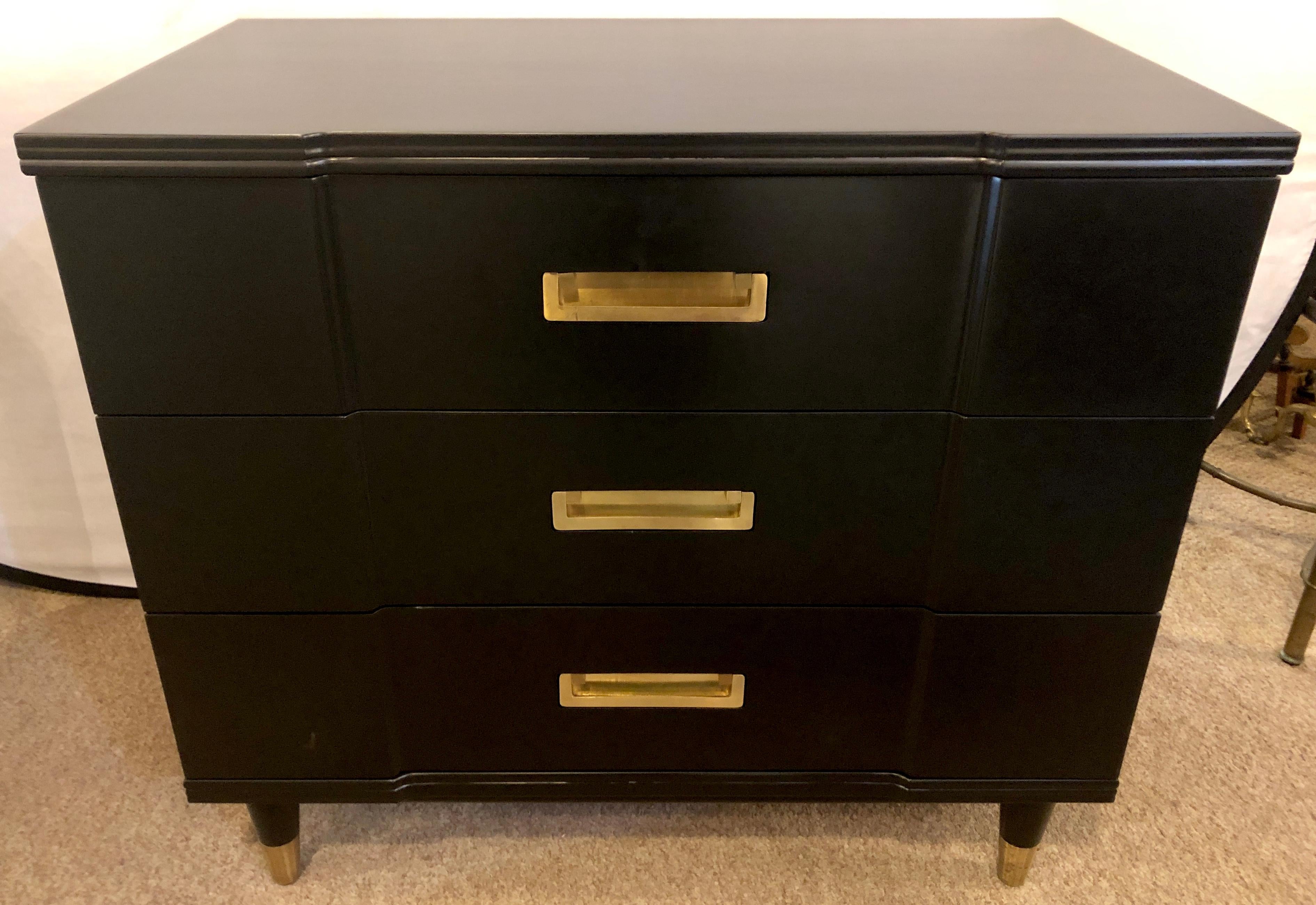 Hollywood Regency Mid-Century Modern Ebony Widdicomb Campaign Chests Commodes or Nightstands, Pair