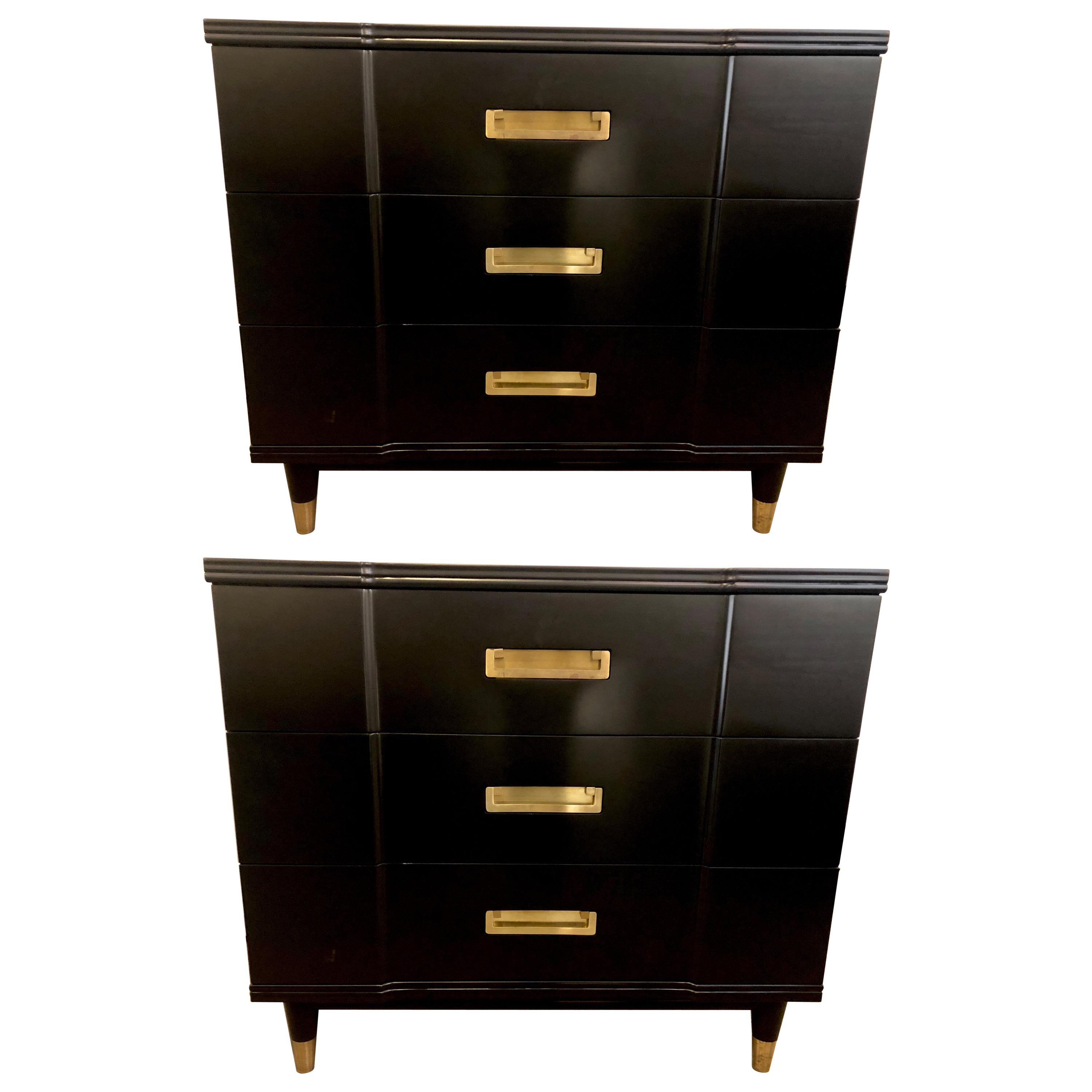 Mid-Century Modern Ebony Widdicomb Campaign Chests Commodes or Nightstands, Pair
