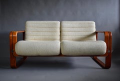 Mid-Century Modern Ecru Upholstery and Wooden Frame Two Seater by Giroflex