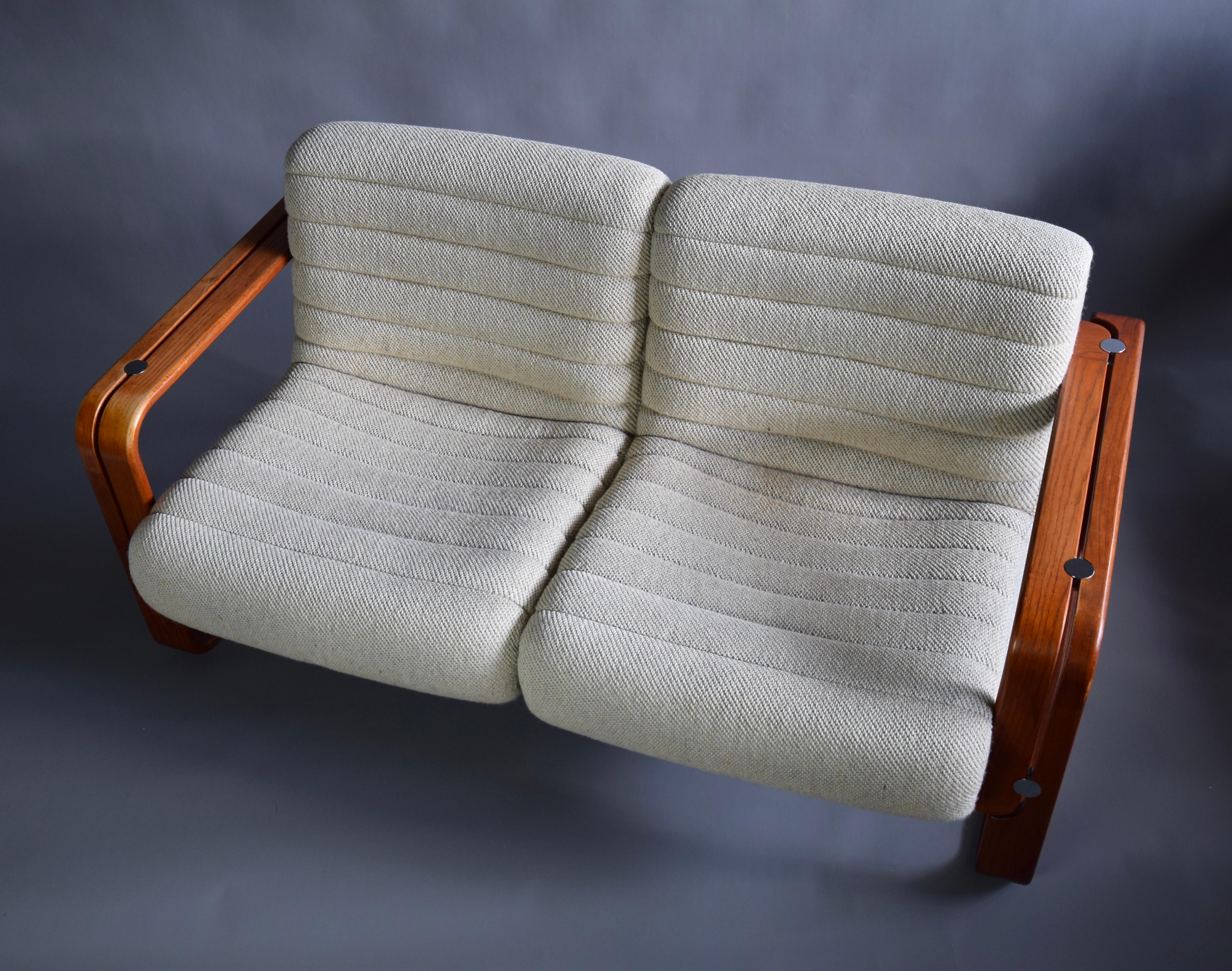 Swiss Mid-Century Modern Ecru Upholstery and Wooden Frame Two Seater by Giroflex For Sale