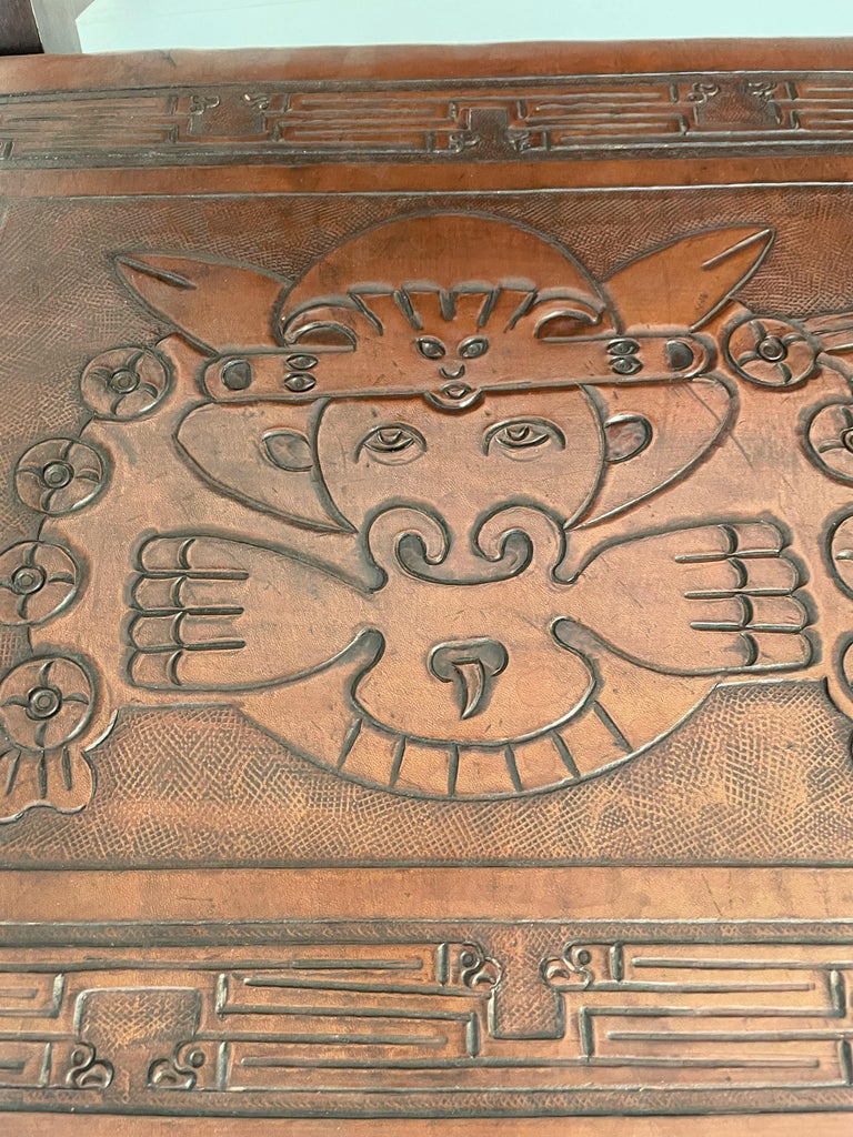 Ecuadorian Tooled Leather Folding Bench By Angel Pazmino 1960s For Sale ecuadorian-tooled-leather-folding-bench-by-angel-pazmino-1960s-for-sale