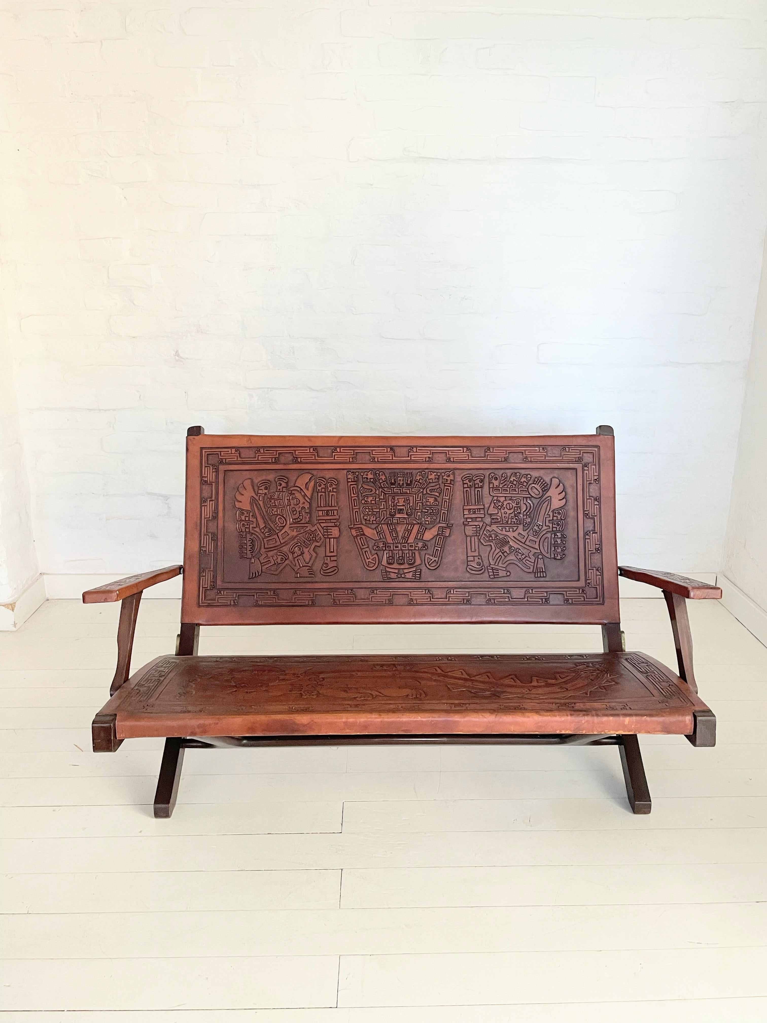Hand-Crafted  Ecuadorian  Tooled Leather Folding Bench by Angel Pazmino 1960s