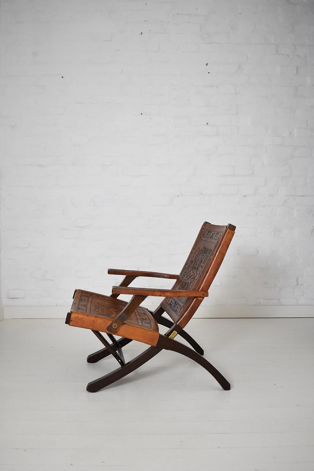20th Century Mid-Century Modern Ecuadorian Wood and Leather Folding Chair by Angel Pazmino