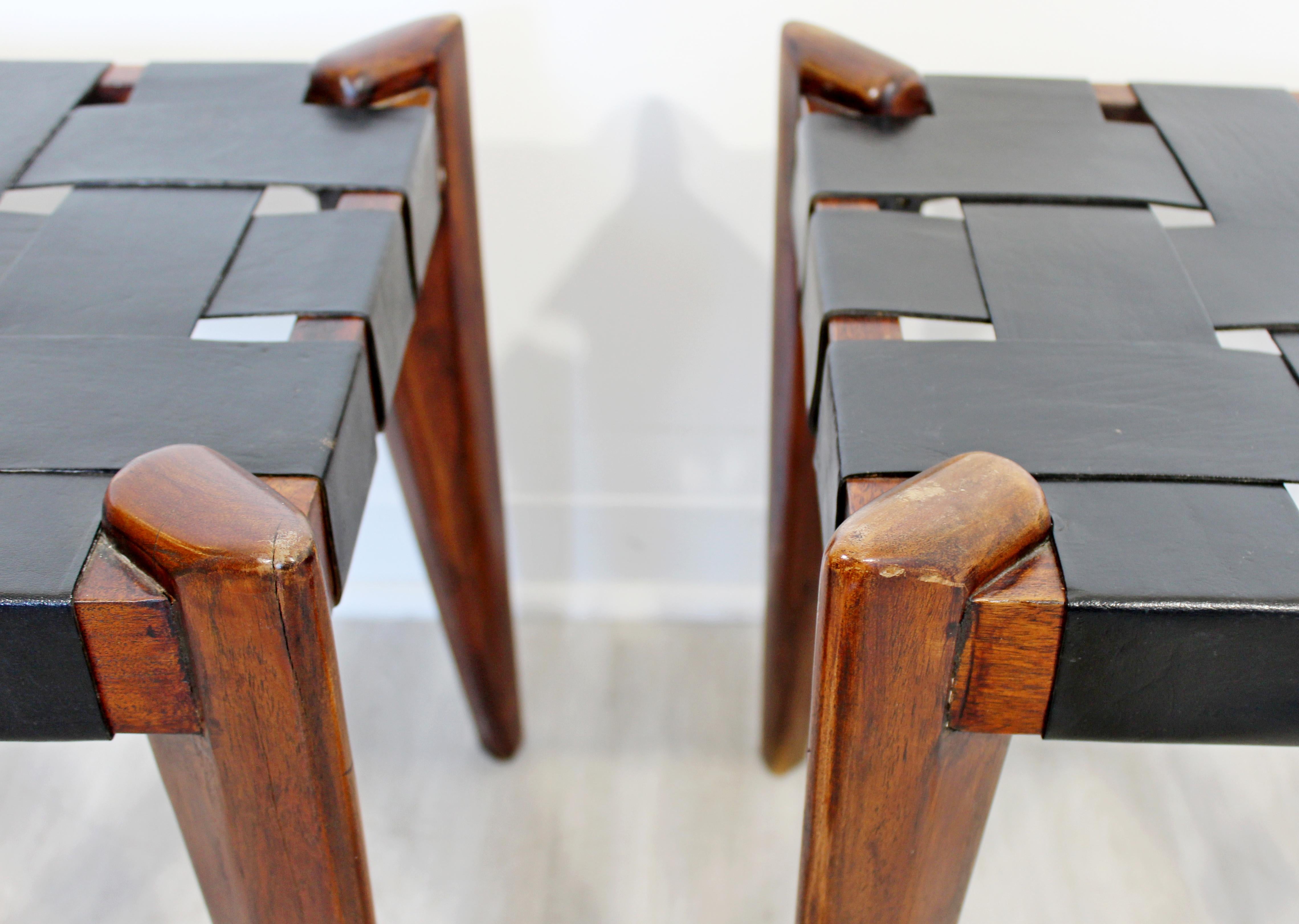 Mid-Century Modern Edmund Spence Woven Black Leather Benches Stools 1960s, Pair In Good Condition In Keego Harbor, MI