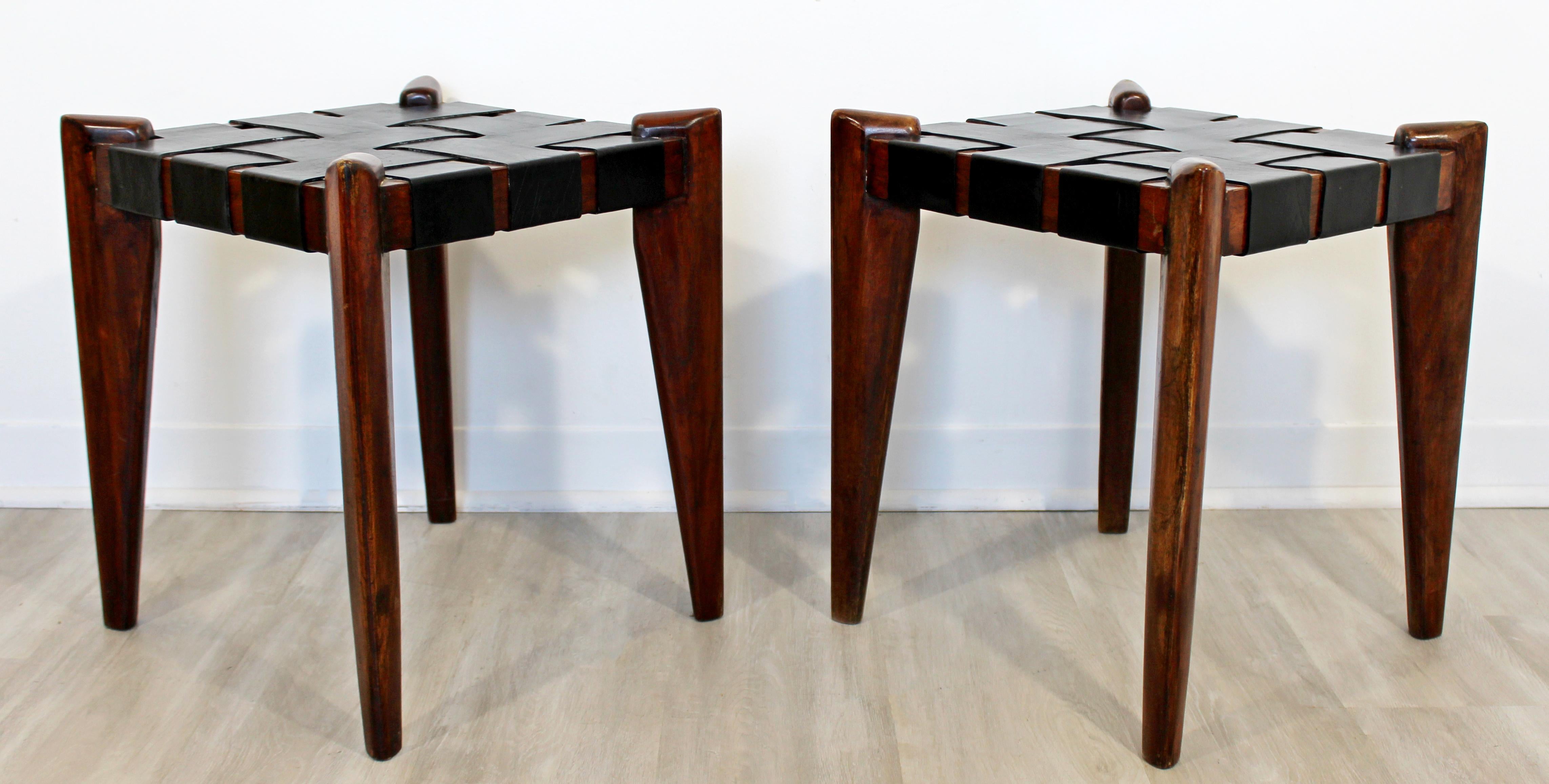 Mid-20th Century Mid-Century Modern Edmund Spence Woven Black Leather Benches Stools 1960s, Pair