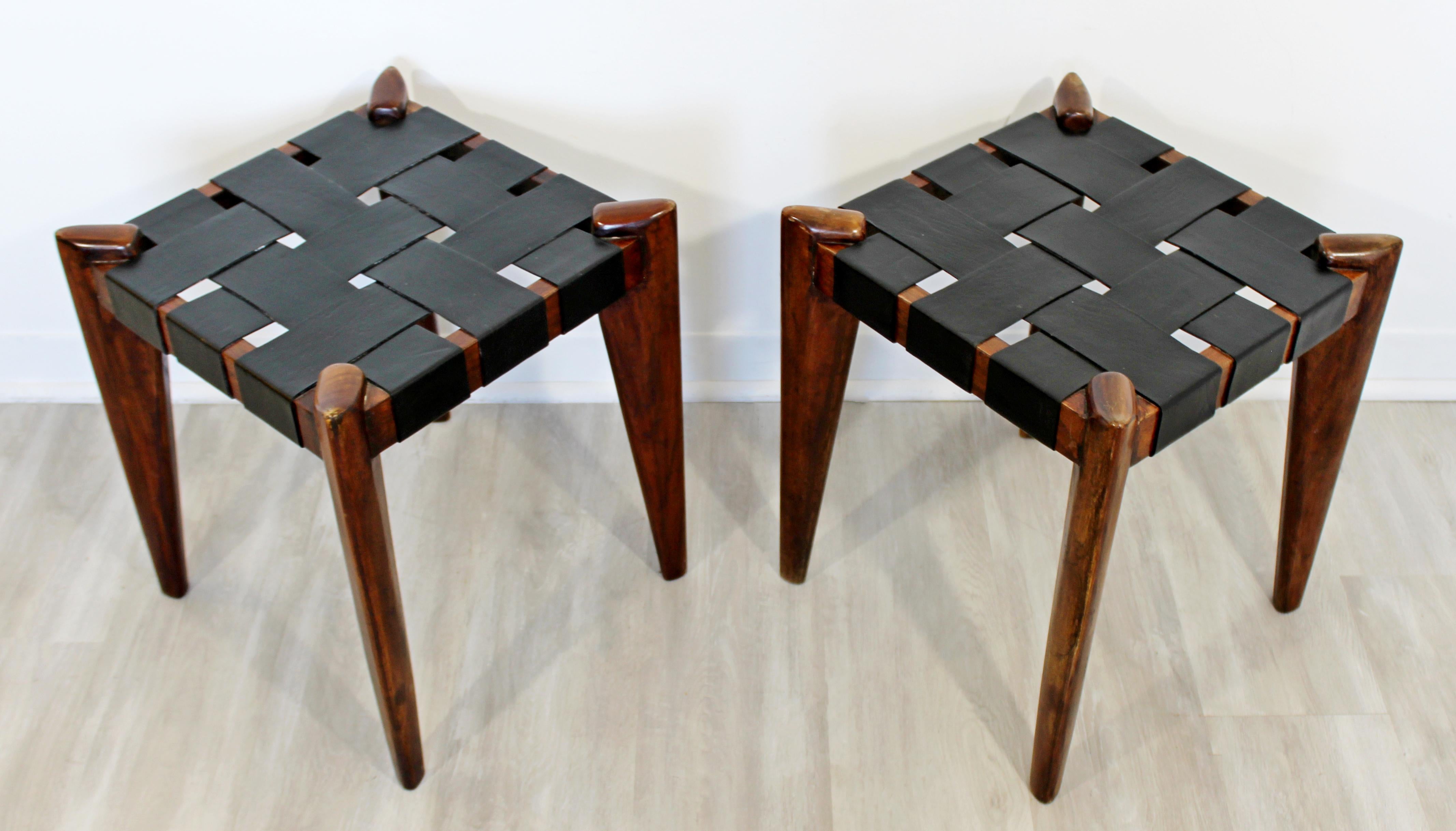 Mid-Century Modern Edmund Spence Woven Black Leather Benches Stools 1960s, Pair 1