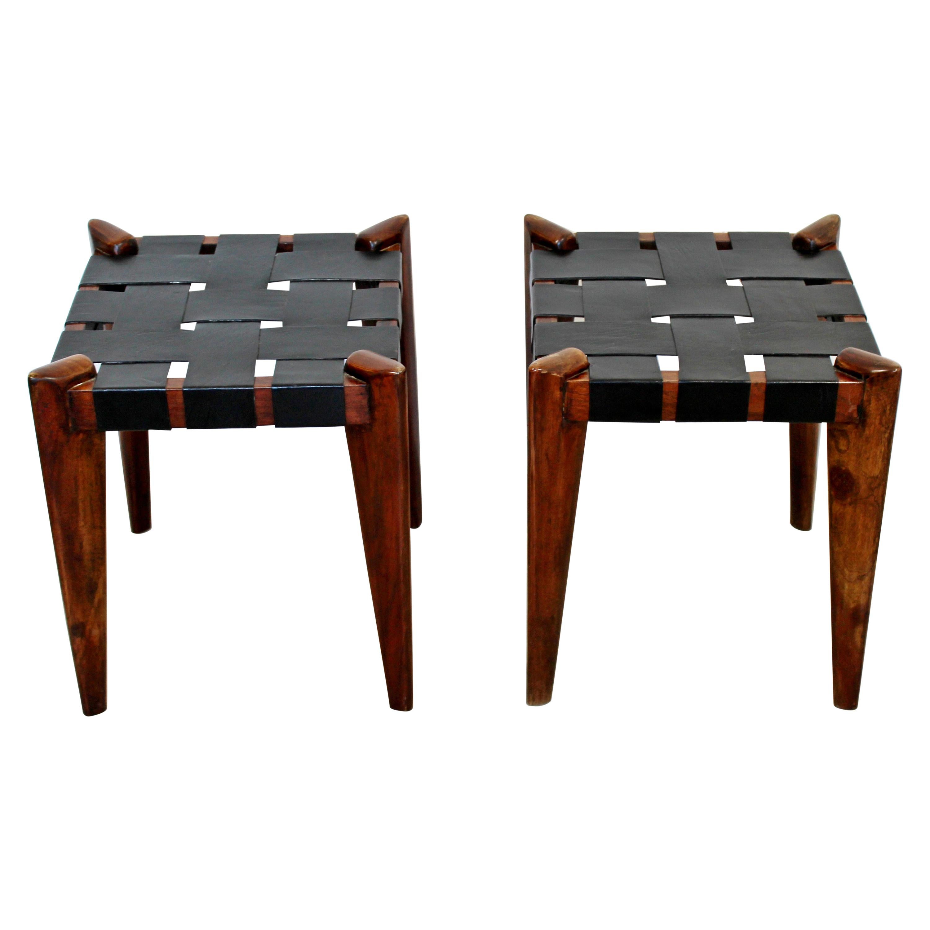 Mid-Century Modern Edmund Spence Woven Black Leather Benches Stools 1960s, Pair