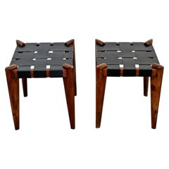 Vintage Mid-Century Modern Edmund Spence Woven Black Leather Benches Stools 1960s, Pair