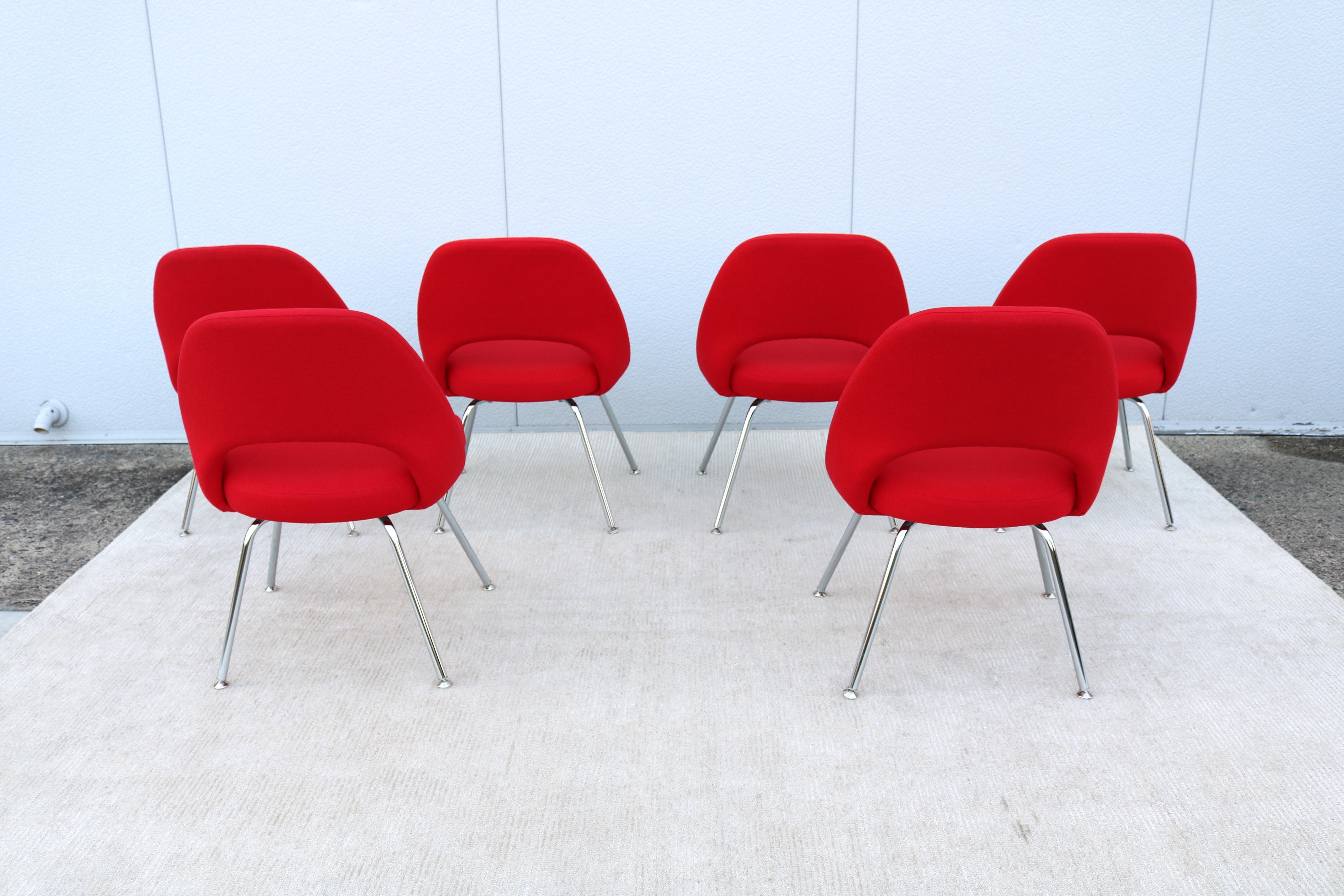 Mid-Century Modern Eero Saarinen for Knoll Red Executive Armless Chairs Set of 6 For Sale 8