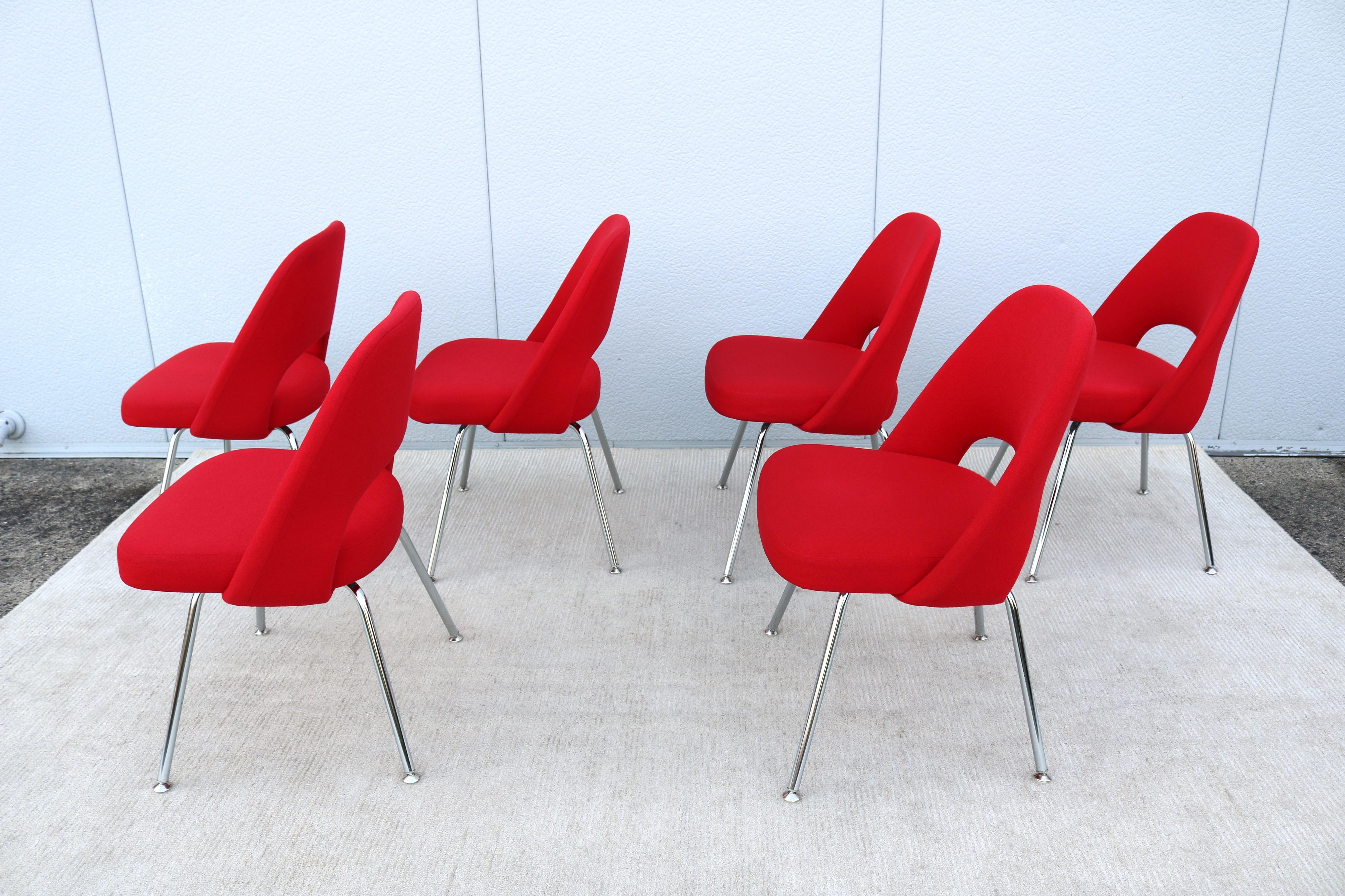 Mid-Century Modern Eero Saarinen for Knoll Red Executive Armless Chairs Set of 6 For Sale 9