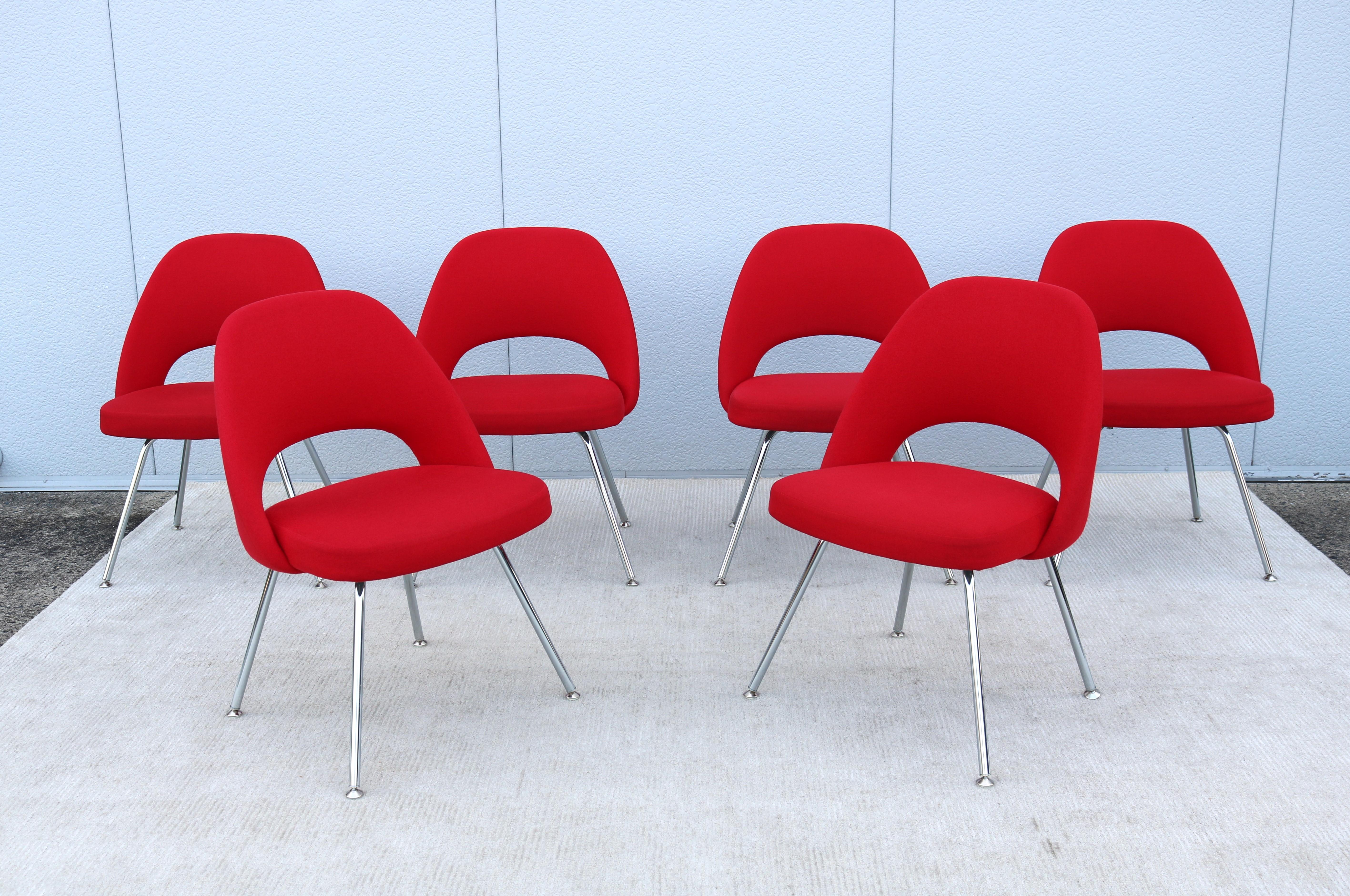 Polished Mid-Century Modern Eero Saarinen for Knoll Red Executive Armless Chairs Set of 6 For Sale