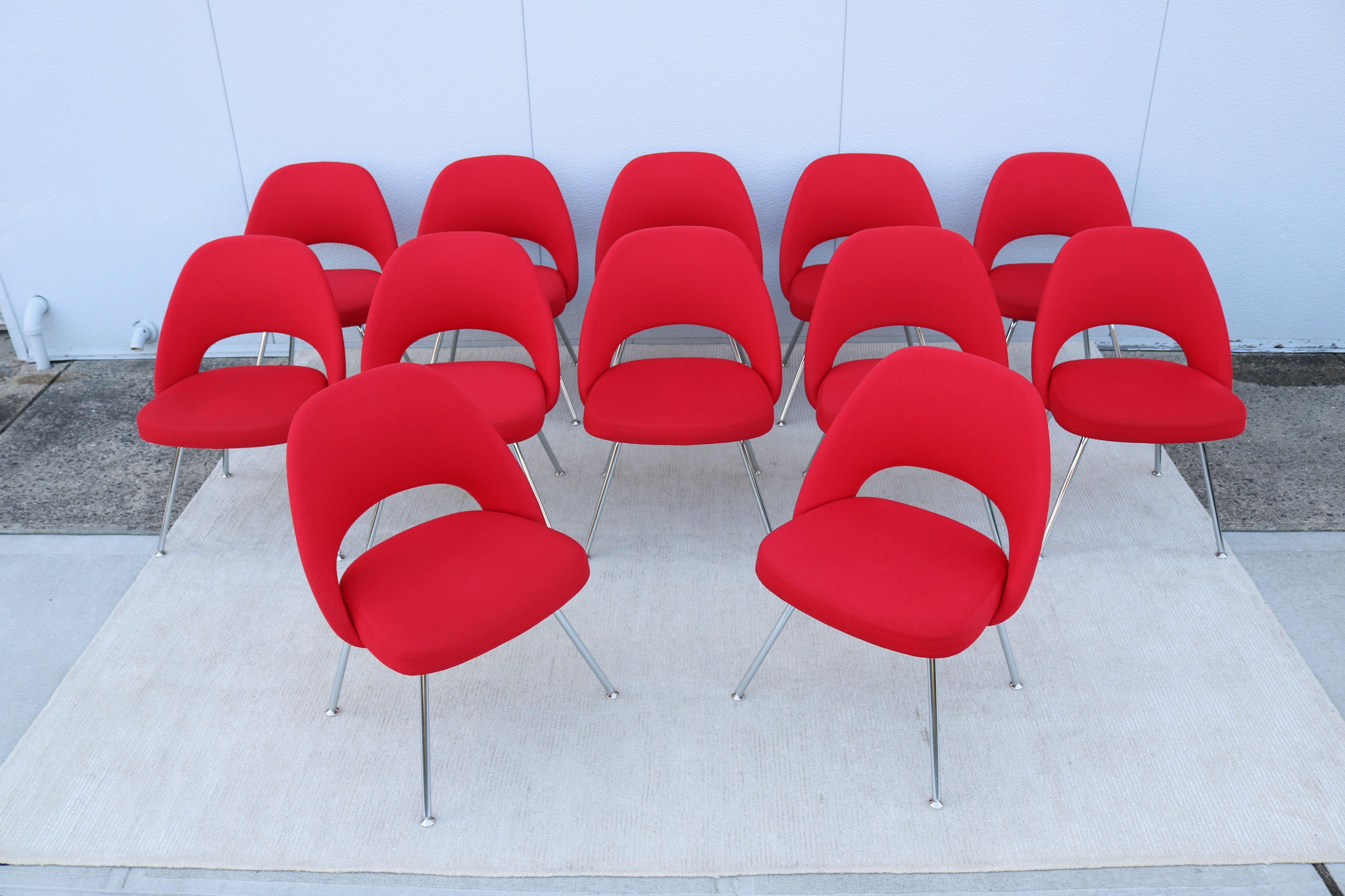 Polished Mid-Century Modern Eero Saarinen Knoll Red Executive Armless Chairs - Set of 12 For Sale