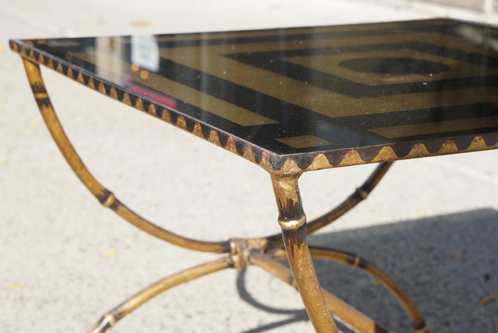 20th Century Mid-Century Modern Églomisé and Gilded Wrought Iron Low Table For Sale