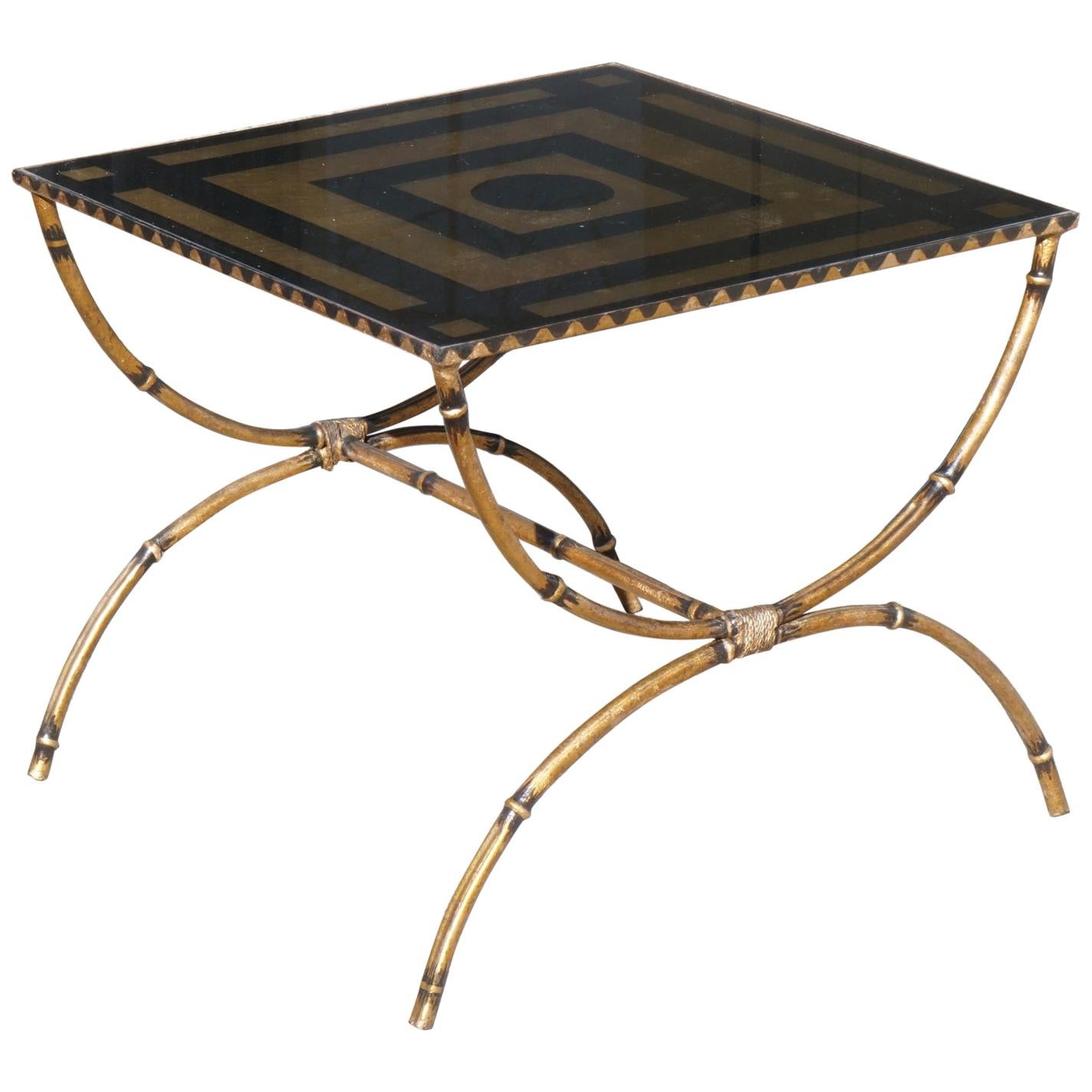 Mid-Century Modern Églomisé and Gilded Wrought Iron Low Table For Sale