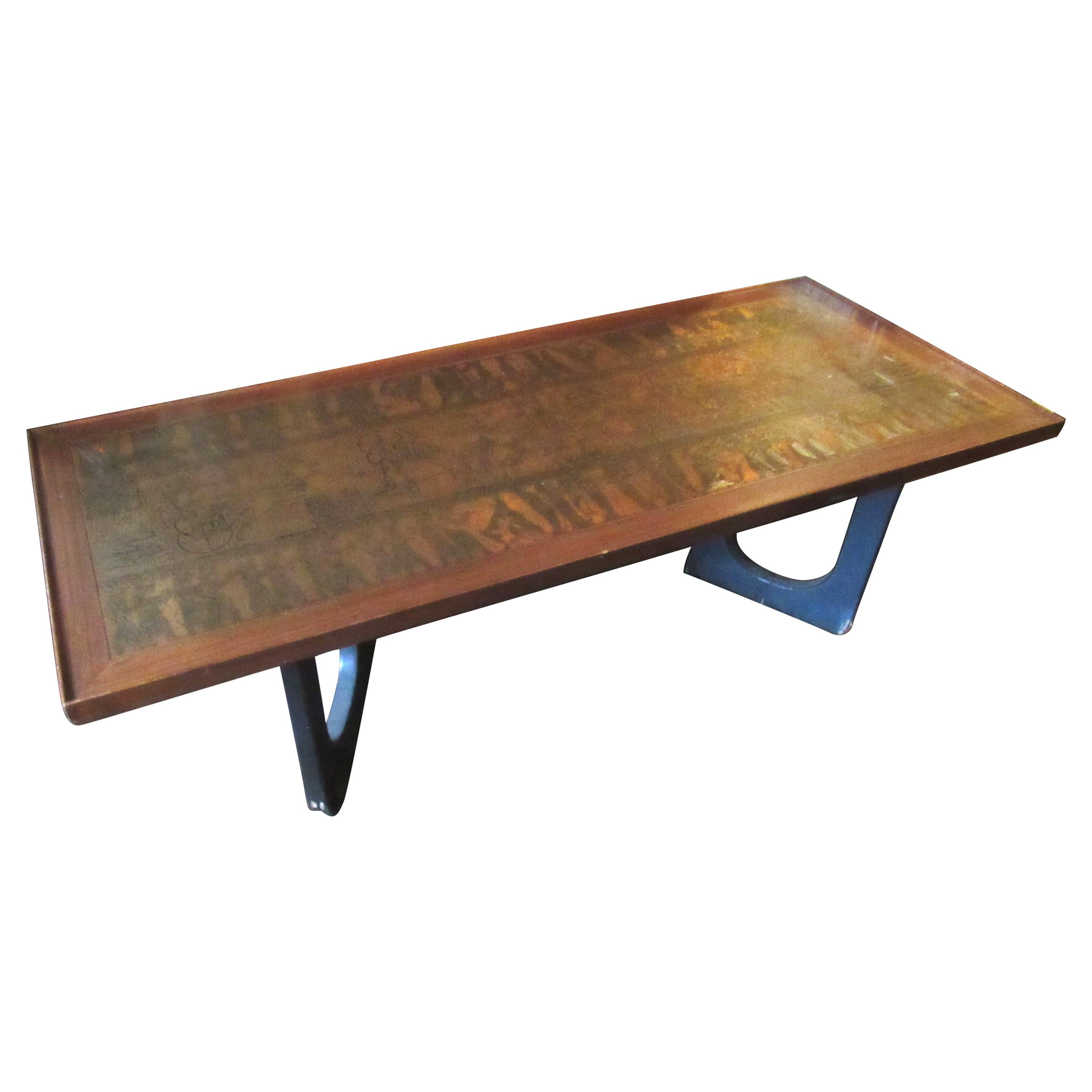 Mid-Century Modern/Egyptian Revival Copper Inlaid Coffee Table For Sale