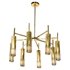 Mid Century Modern Eight Arm Brass & Murano Glass Chandelier with Conical Shades