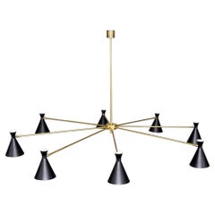 Mid-Century Modern Eight-Arm Chandelier with Brass & Black Shades