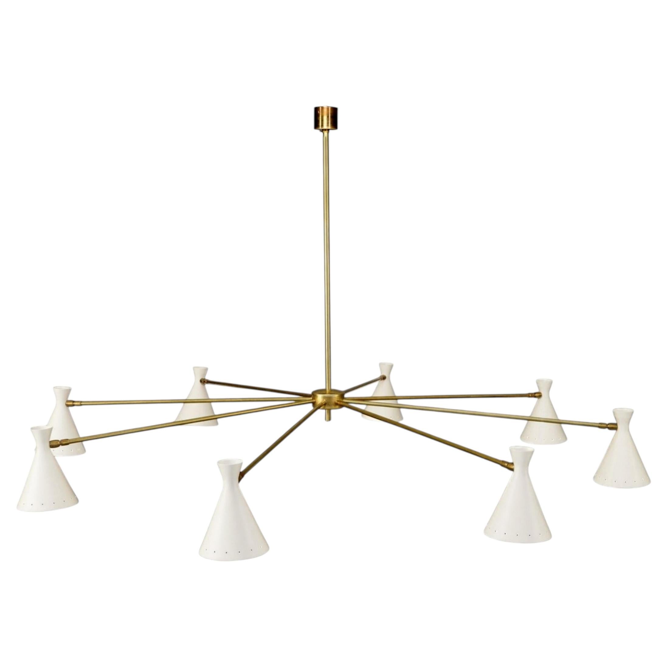 Mid-Century Modern Eight-Arm Chandelier with Brass & Black Shades