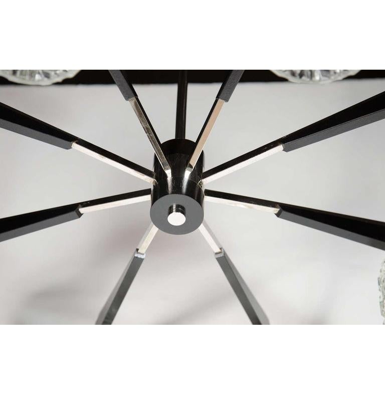 Mid-Century Modern Eight-Arm Chrome, Ebonized Walnut & Faceted Glass Chandelier In Excellent Condition For Sale In New York, NY