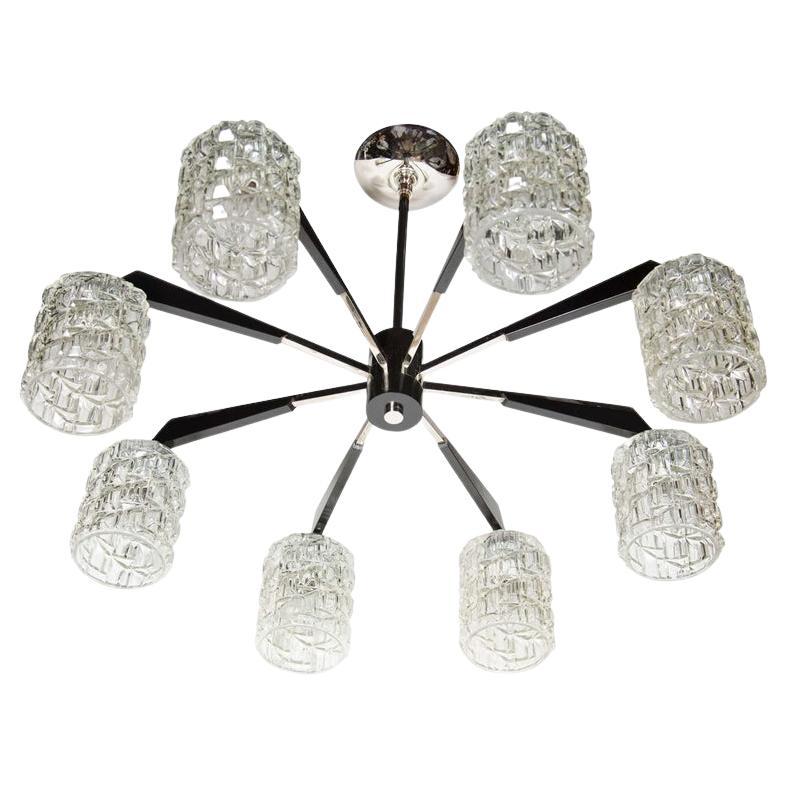 Mid-Century Modern Eight-Arm Chrome, Ebonized Walnut & Faceted Glass Chandelier For Sale