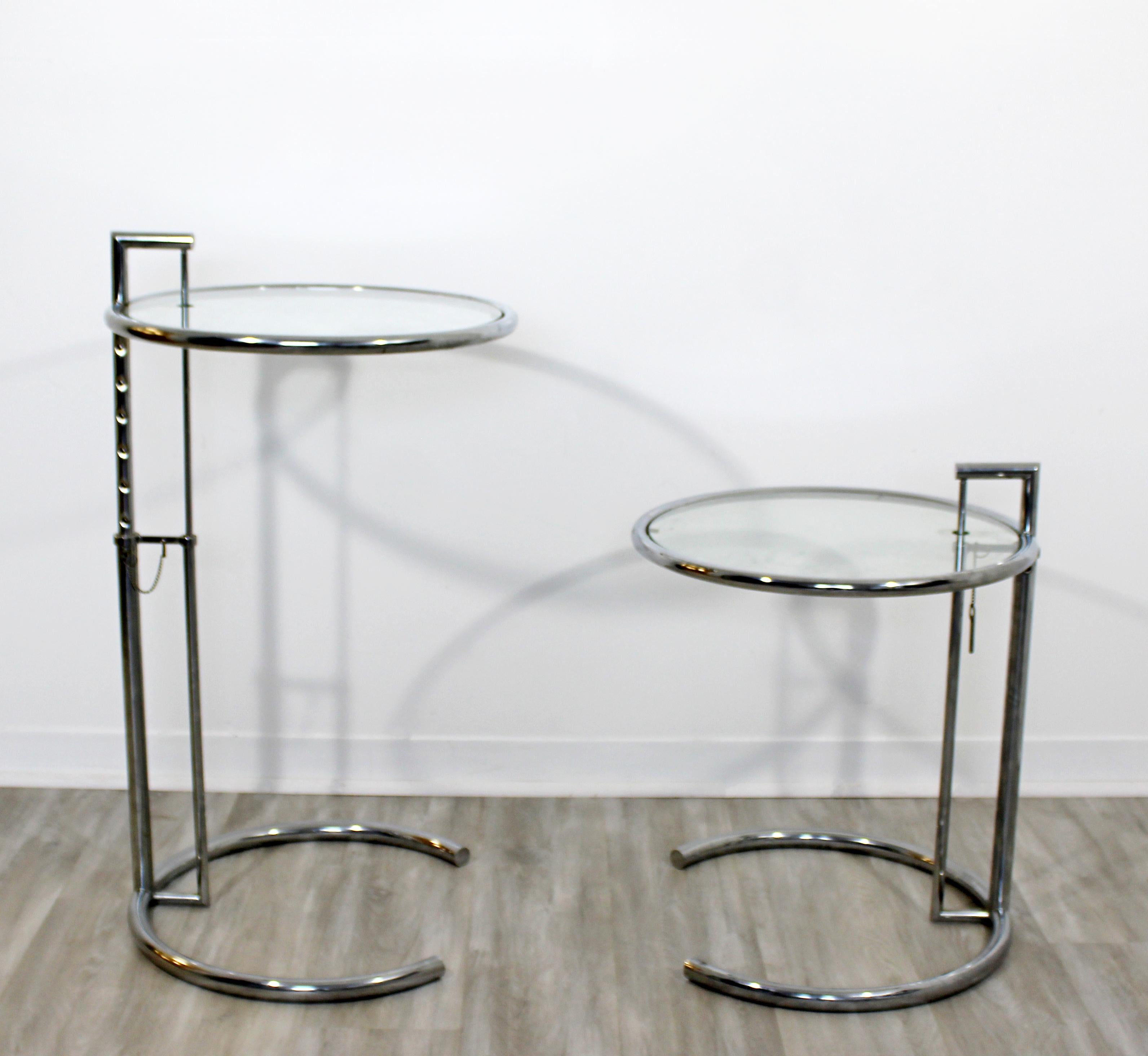 American Mid-Century Modern Eileen Gray Pair Chrome Glass Adjustable Side Tables, 1960s