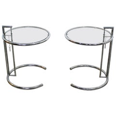 Mid-Century Modern Eileen Gray Pair Chrome Glass Adjustable Side Tables, 1960s
