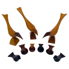 Mid Century Modern Einar Lilleberg Carved Wood Bird Sculptures, California 1970s