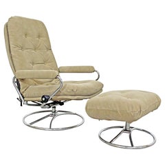 Retro Mid-Century Modern Ekornes Stressless Chrome Lounge Chair and Ottoman