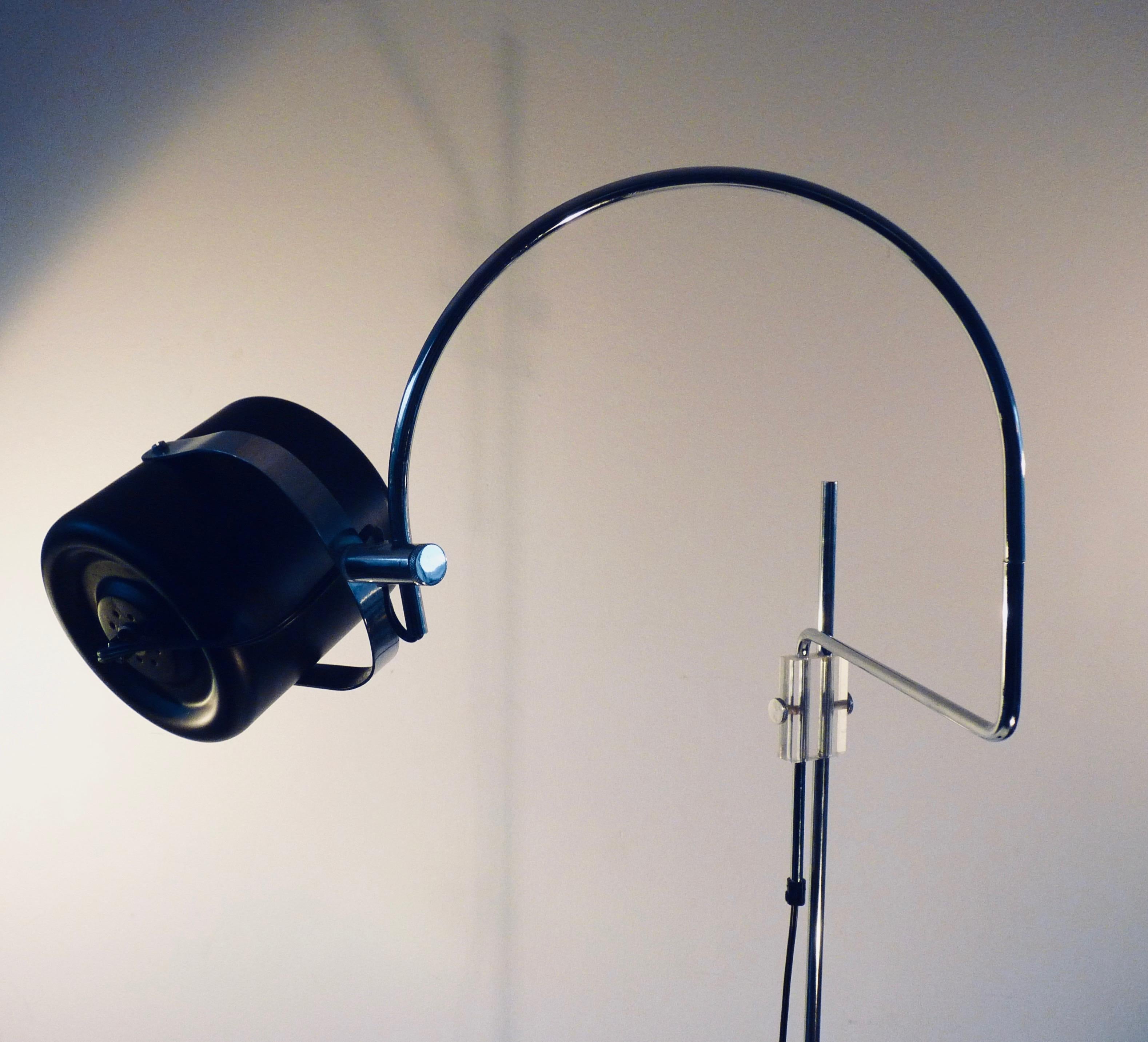 A sculptural elbow arc floor lamp by one of the most respected Dutch lighting Designers of the era J.J.M. Hoogervorst, head designer of ANVIA, Holland. 
Many lamps designed by J.J.M. Hoogervorst are iconic designs, timeslessly, functional Dutch