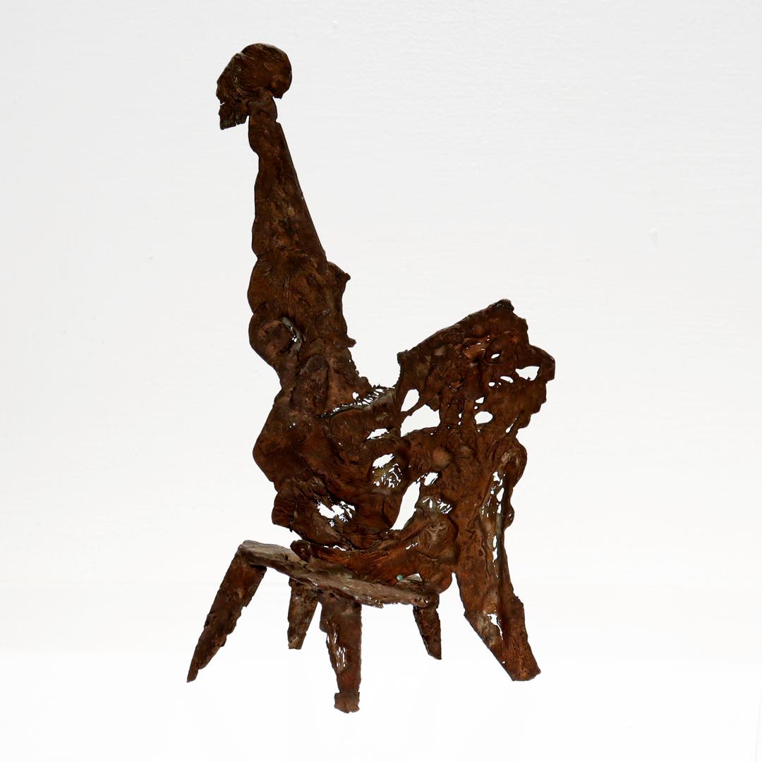 A fine Mid-Century Modern bronze sculpture.

Consisting of fused, electroformed bronze elements.

In the form of what appears to be a stylized rooster seated on a four-legged plinth.

Simply wonderful Mid-Century design!

Date:
Mid-20th