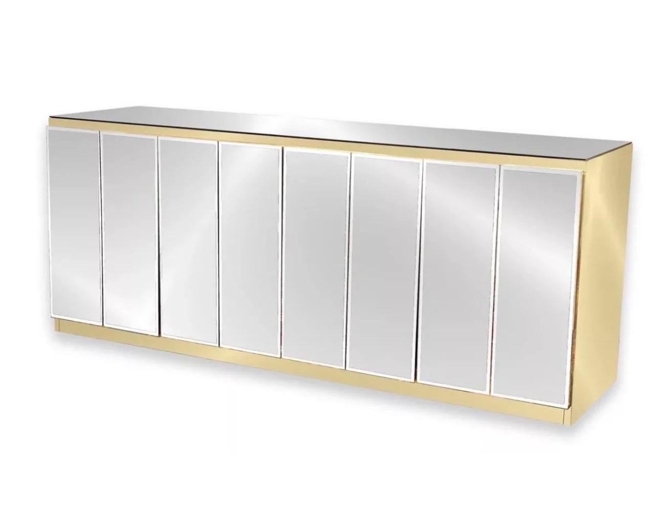 Mid Century Modern Ello Brass Beveled Mirror Fur Door Buffet Bar Sideboard 5