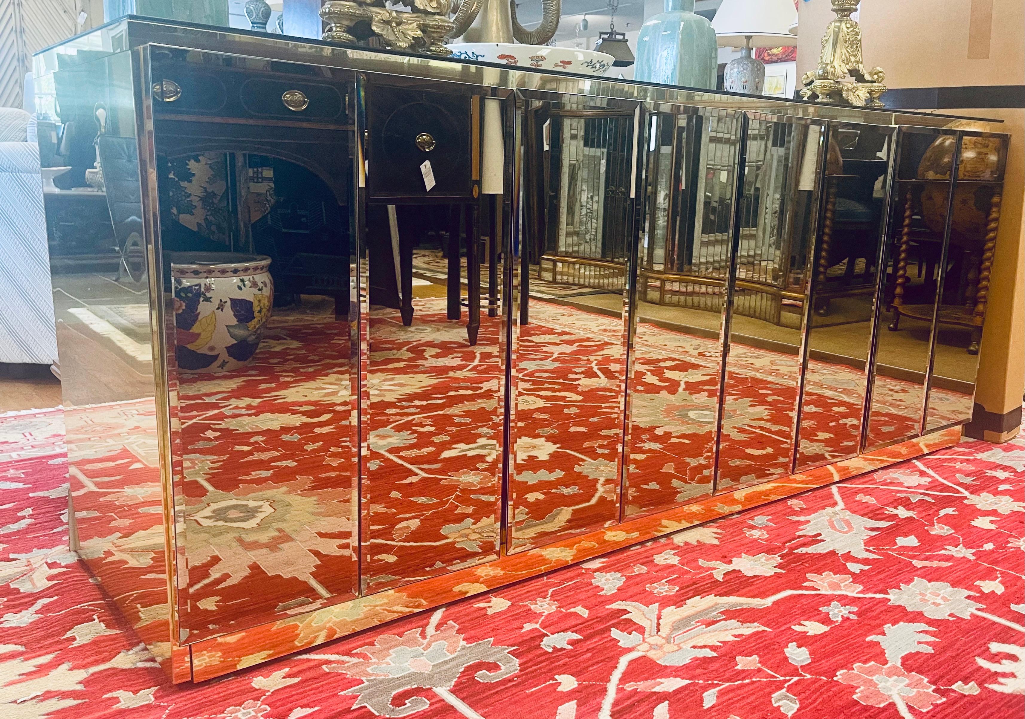 Mid-Century Modern Mid Century Modern Ello Brass Beveled Mirror Fur Door Buffet Bar Sideboard