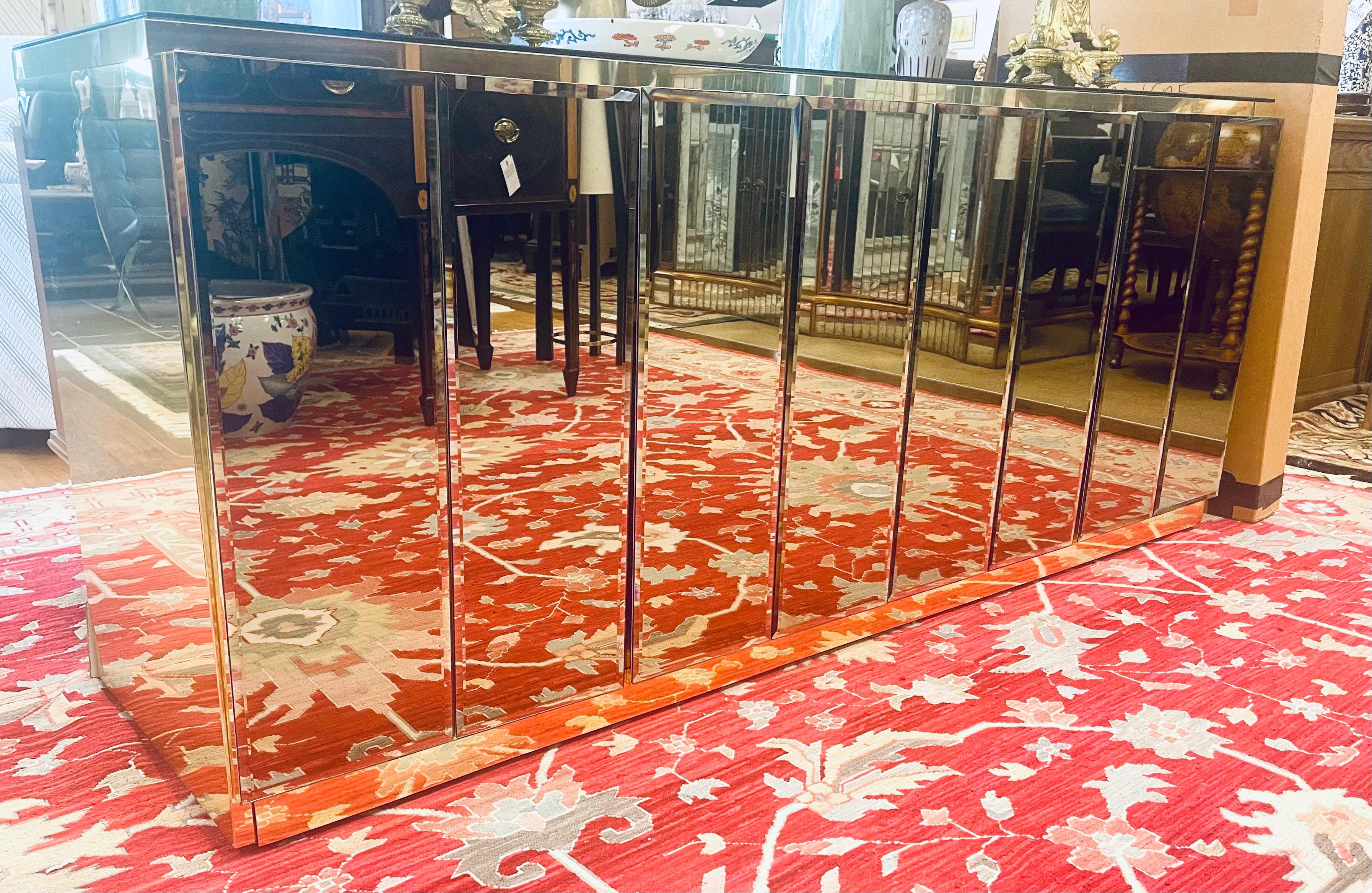 Mid Century Modern Ello Brass Beveled Mirror Fur Door Buffet Bar Sideboard In Good Condition In West Hartford, CT