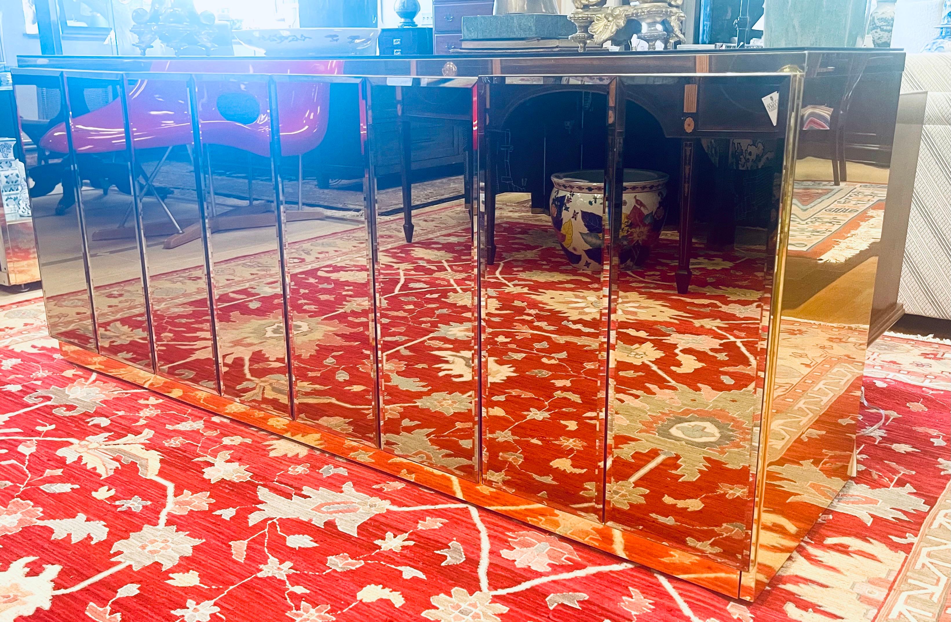 Late 20th Century Mid Century Modern Ello Brass Beveled Mirror Fur Door Buffet Bar Sideboard