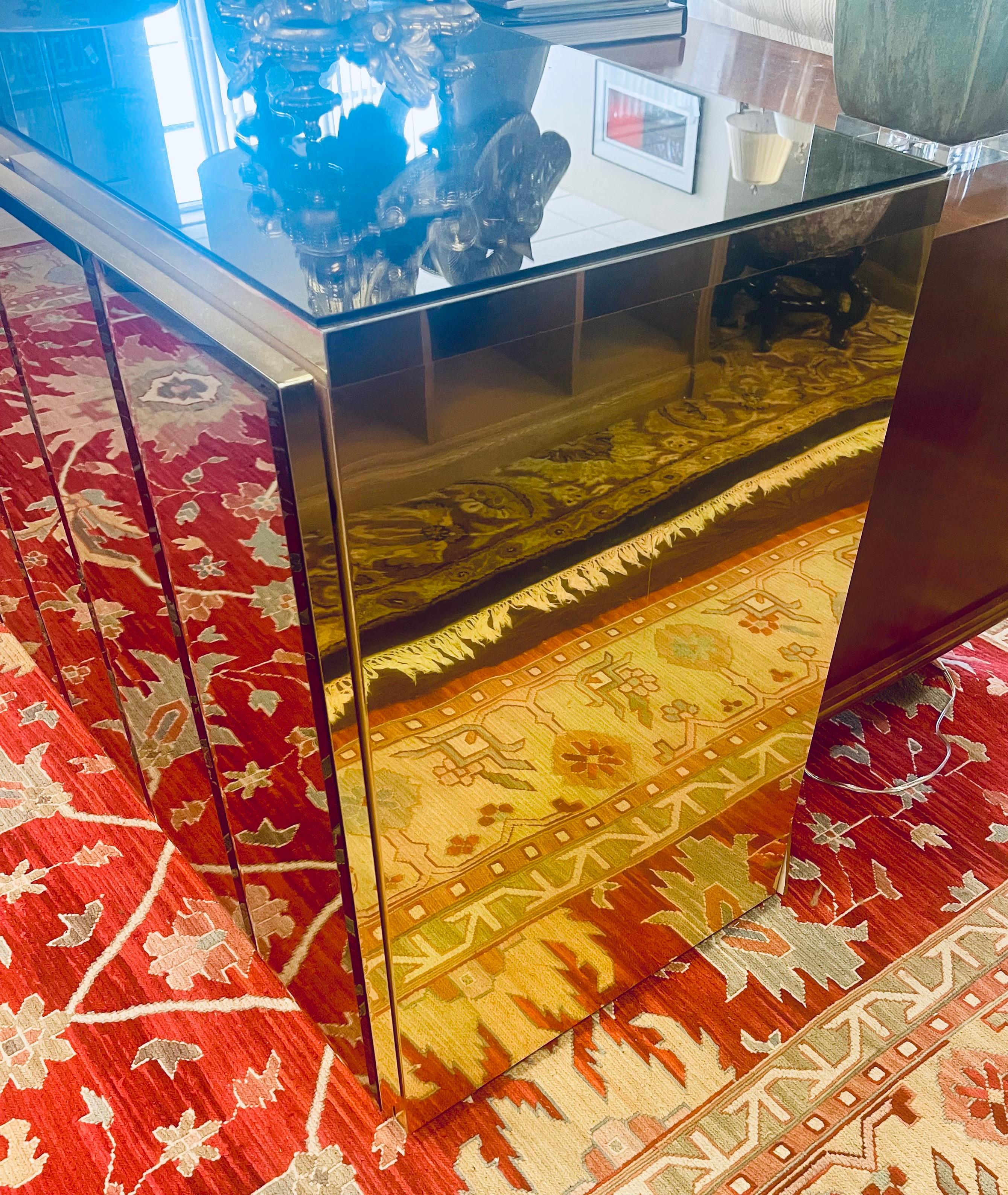 Mid Century Modern Ello Brass Beveled Mirror Fur Door Buffet Bar Sideboard 1
