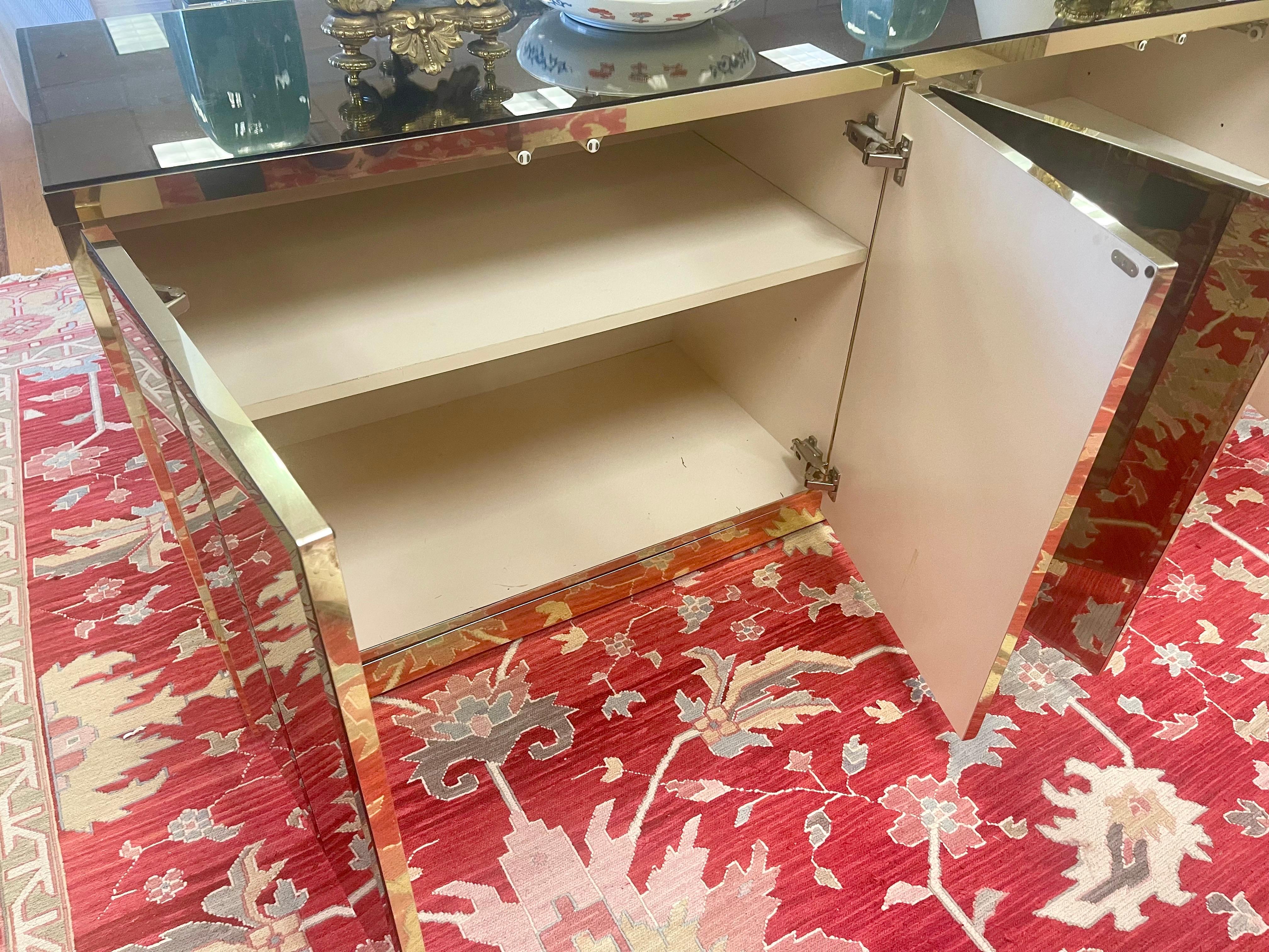 Mid Century Modern Ello Brass Beveled Mirror Fur Door Buffet Bar Sideboard 3