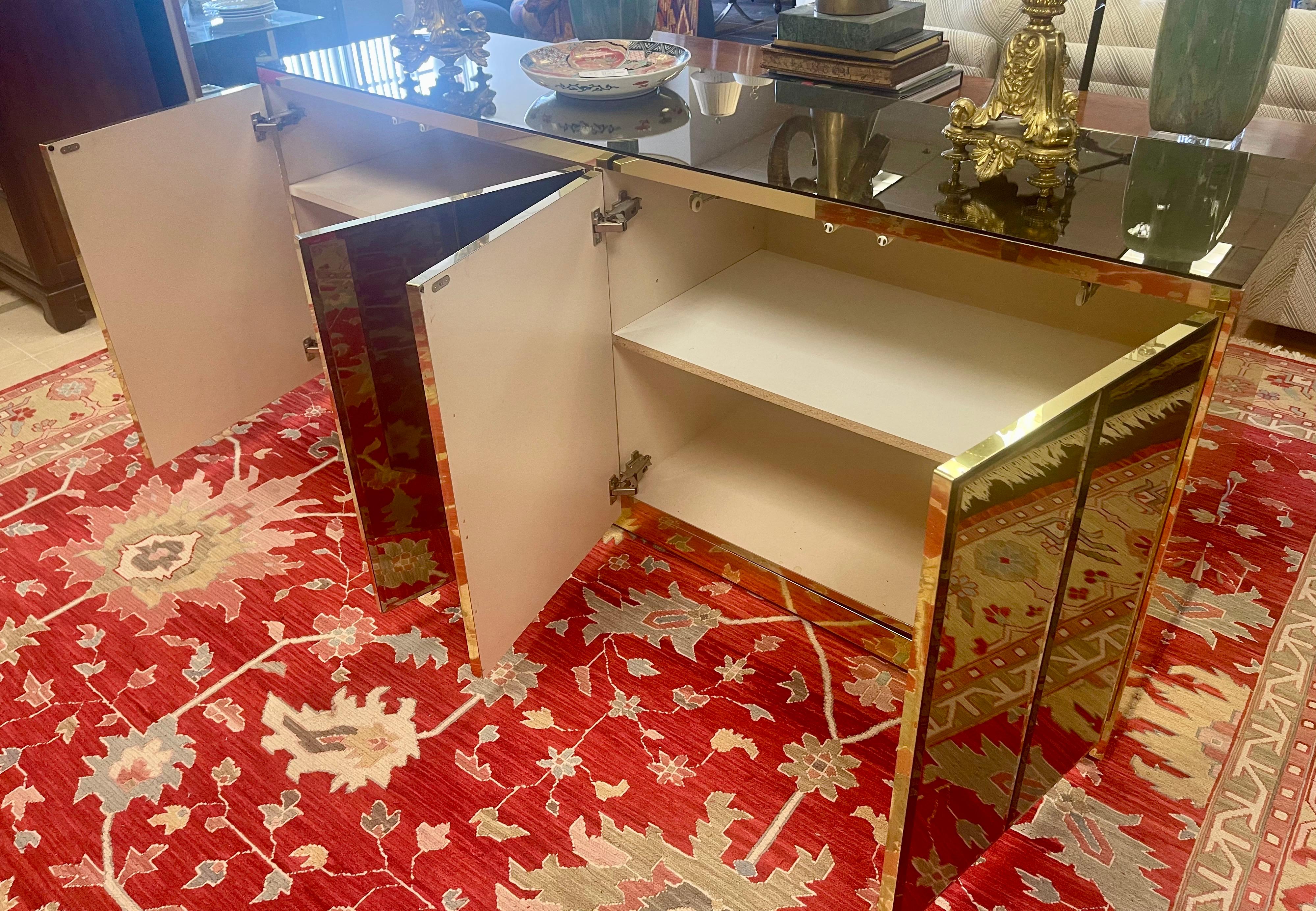 Mid Century Modern Ello Brass Beveled Mirror Fur Door Buffet Bar Sideboard 4