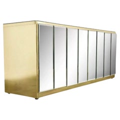 Mid Century Modern Ello Brass Beveled Mirror Fur Door Buffet Bar Sideboard