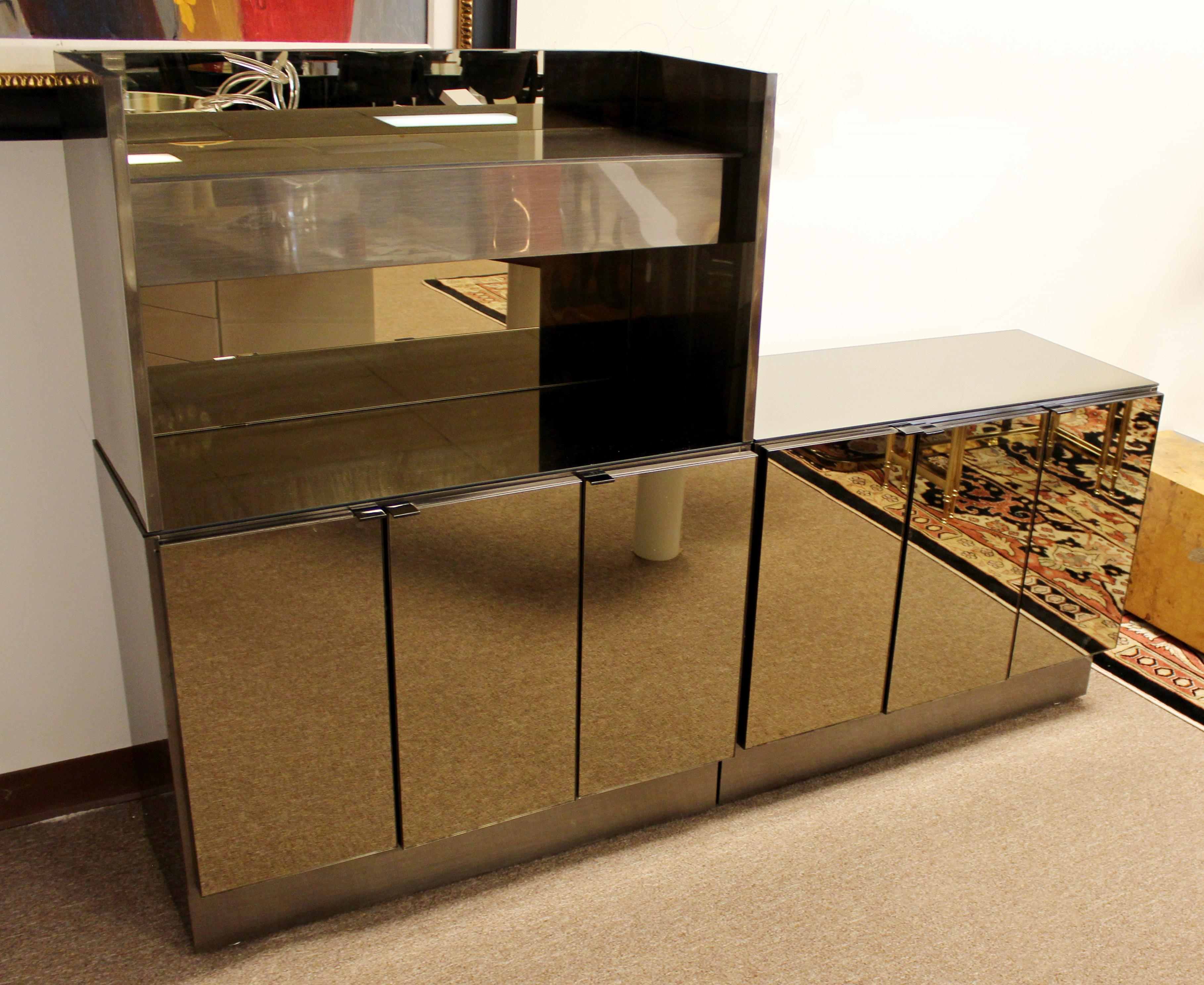 Late 20th Century Mid-Century Modern Ello Light Up Smoked Mirror Brushed Chrome Bar Cabinet, 1970s