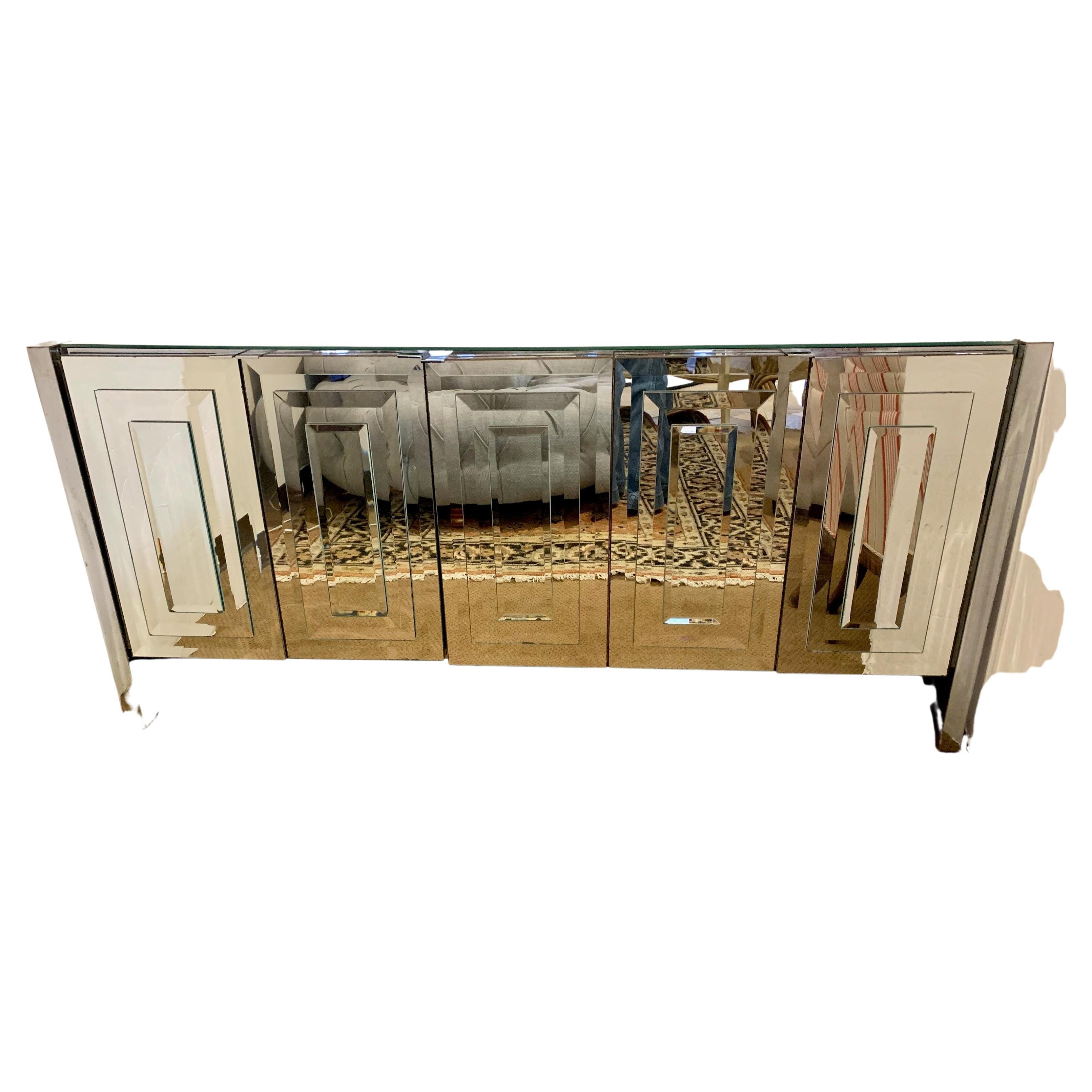 Mid-Century Modern Ello Mirrored 5 Door Credenza Sideboard Dresser Cabinet Bar