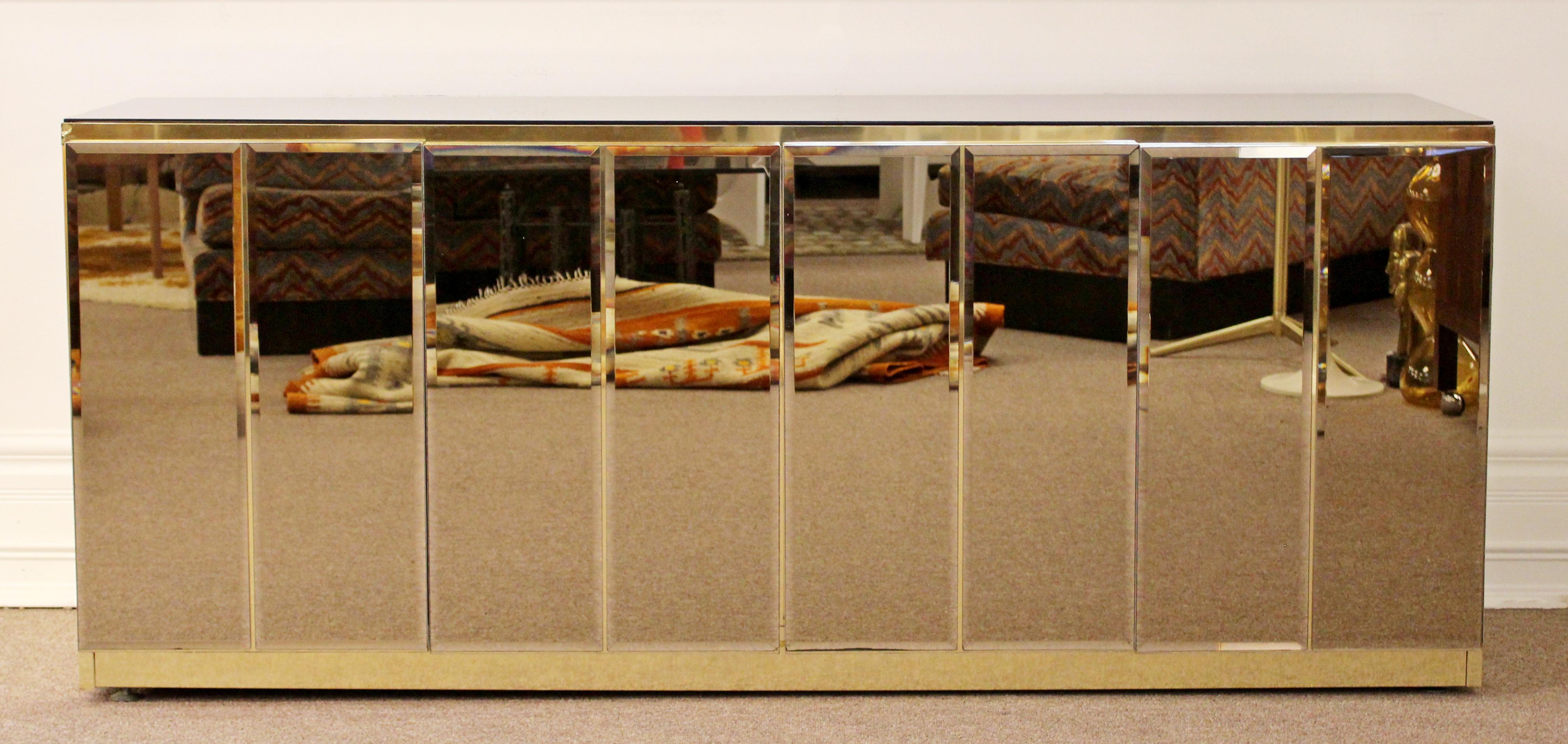 American Mid-Century Modern Ello Smoked Mirror and Brass 4-Door Credenza, 1970s