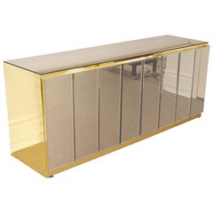 Mid-Century Modern Ello Smoked Mirror and Brass 4-Door Credenza, 1970s