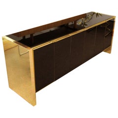 Mid-Century Modern Ello Smoked Mirrored Credenza Brass Trim, 1970s