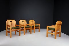 Mid-Century Modern Elm Armchairs with Green Velvet Upholstery, France 1970s