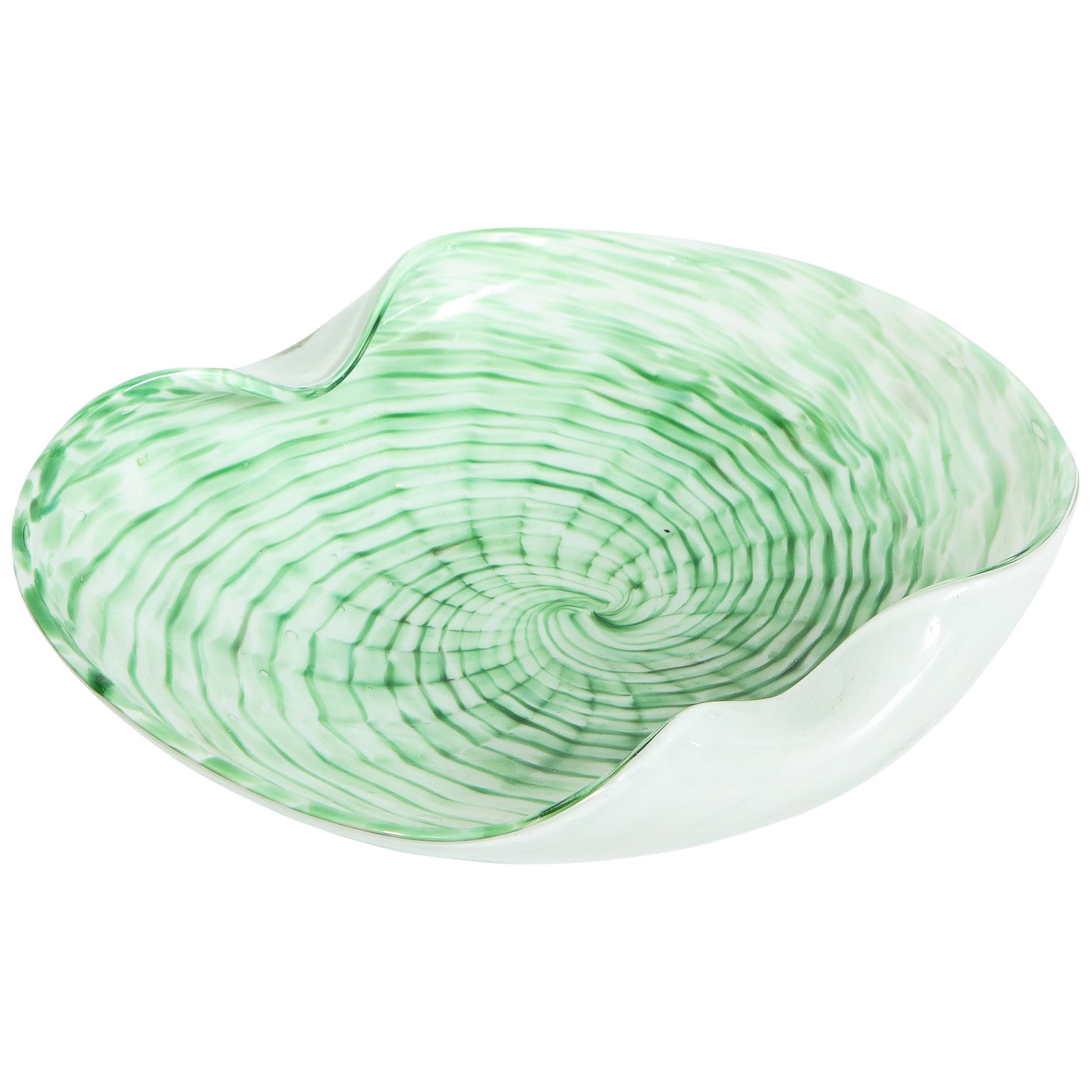 Mid-Century Modern Emerald and White Striated Hand Blown Murano Bowl