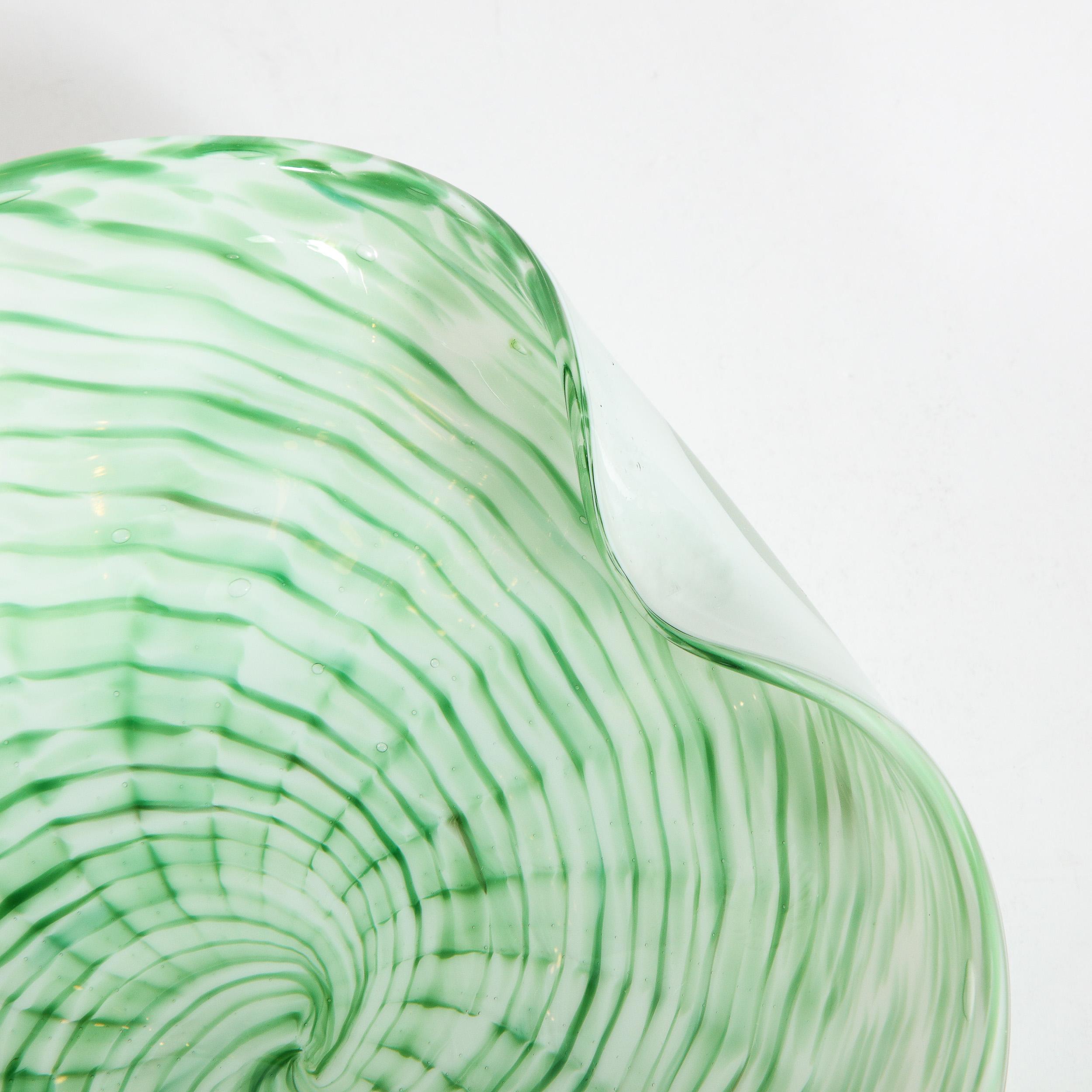 Mid-Century Modern Emerald and White Striated Hand Blown Murano Bowl 4